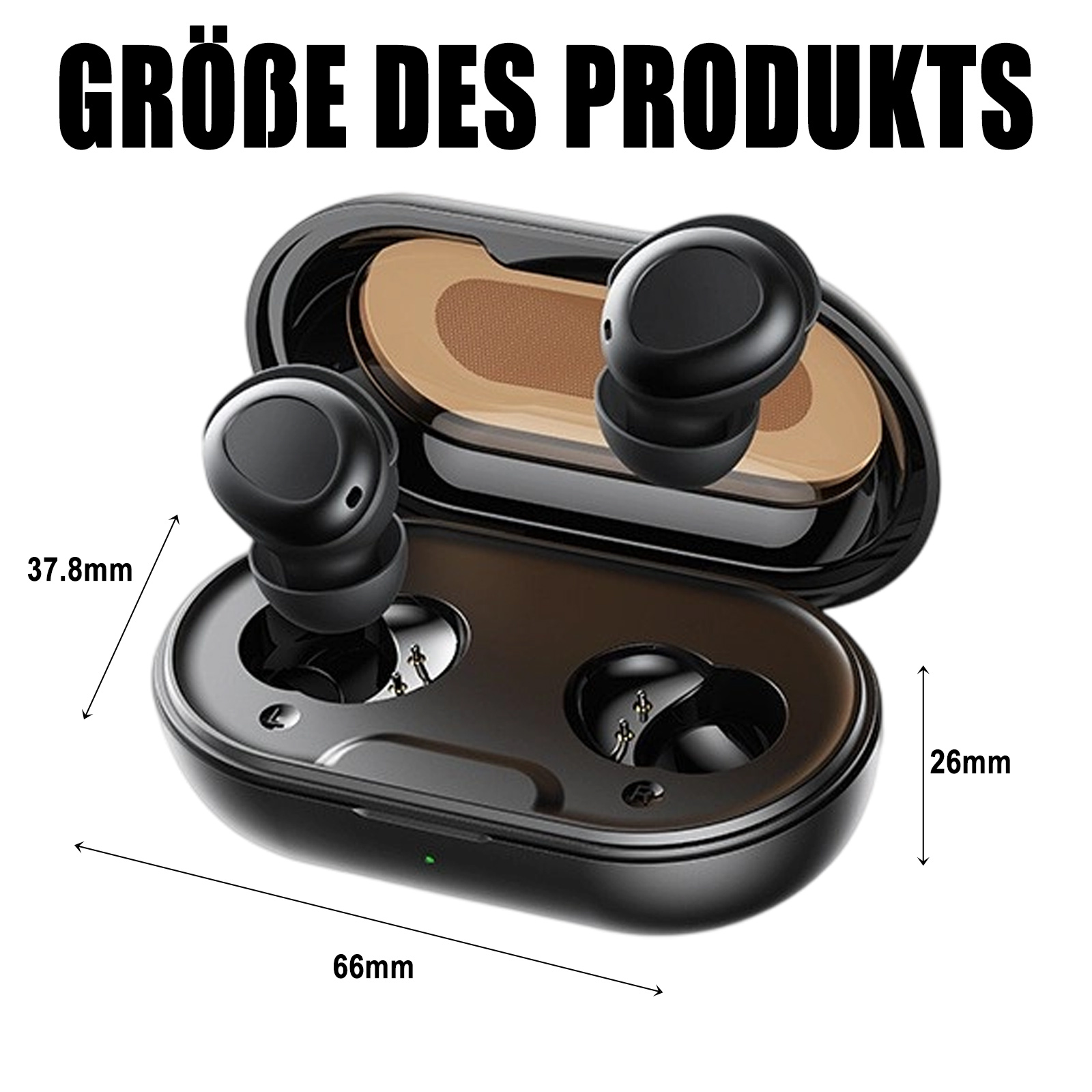 Schwarze Ohrhörer in einem offenen Ladekoffer, Abmessungen sind angegeben. Der Text 'Größe des Produkts' steht oben.