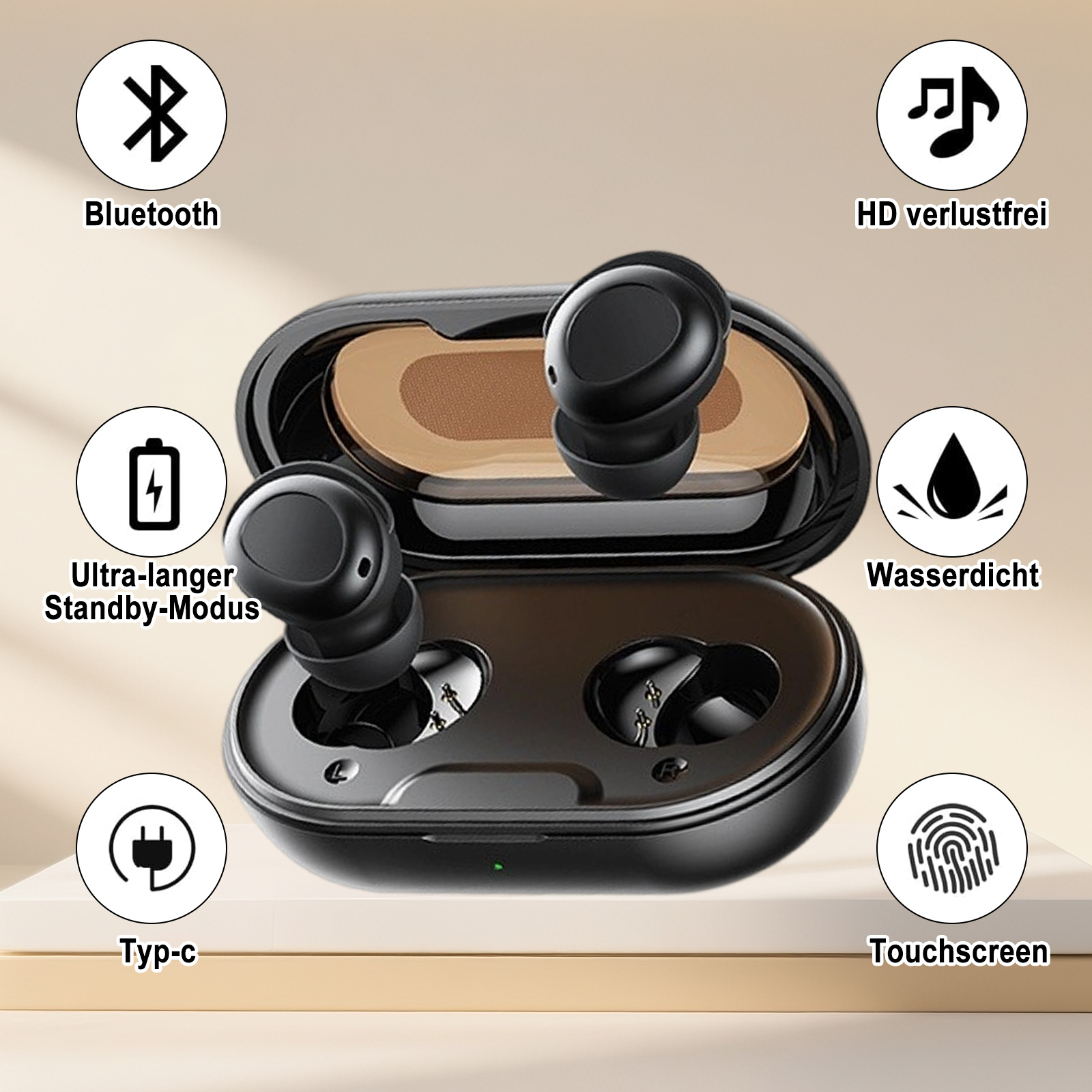 Offene schwarze Ohrhörerhülle mit zwei Ohrhörern, mit Symbolen für Funktionen: Bluetooth, HD-Sound, Standby und mehr.