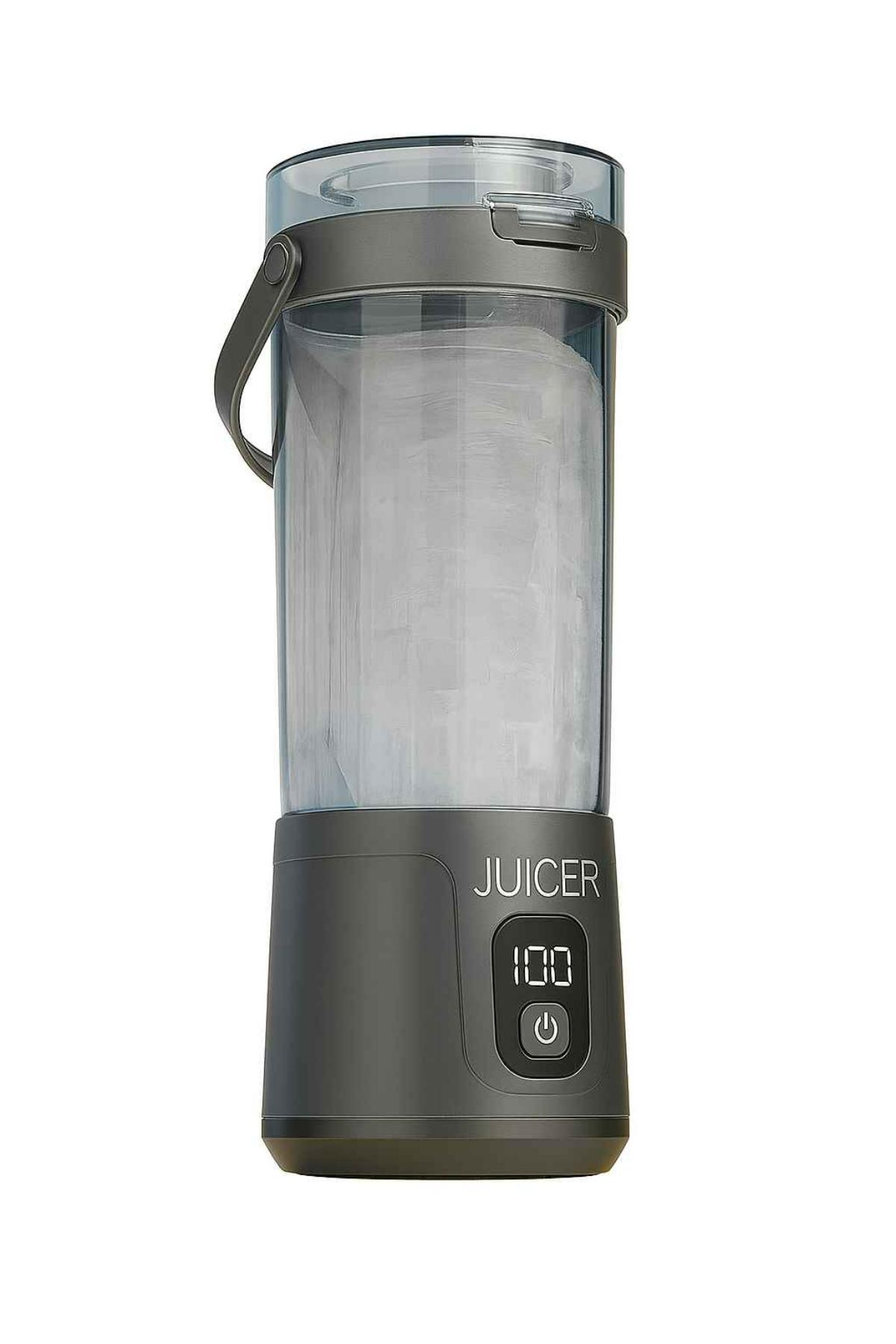 Ein grauer tragbarer Entsafter mit Griff wird gezeigt. Das Wort JUICER steht auf der Vorderseite. Das Display zeigt 100.