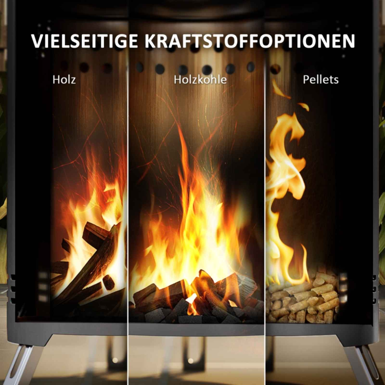 Drei Ansichten eines Kamins, der mit verschiedenen Brennstoffen brennt: Holz, Holzkohle und Pellets.
