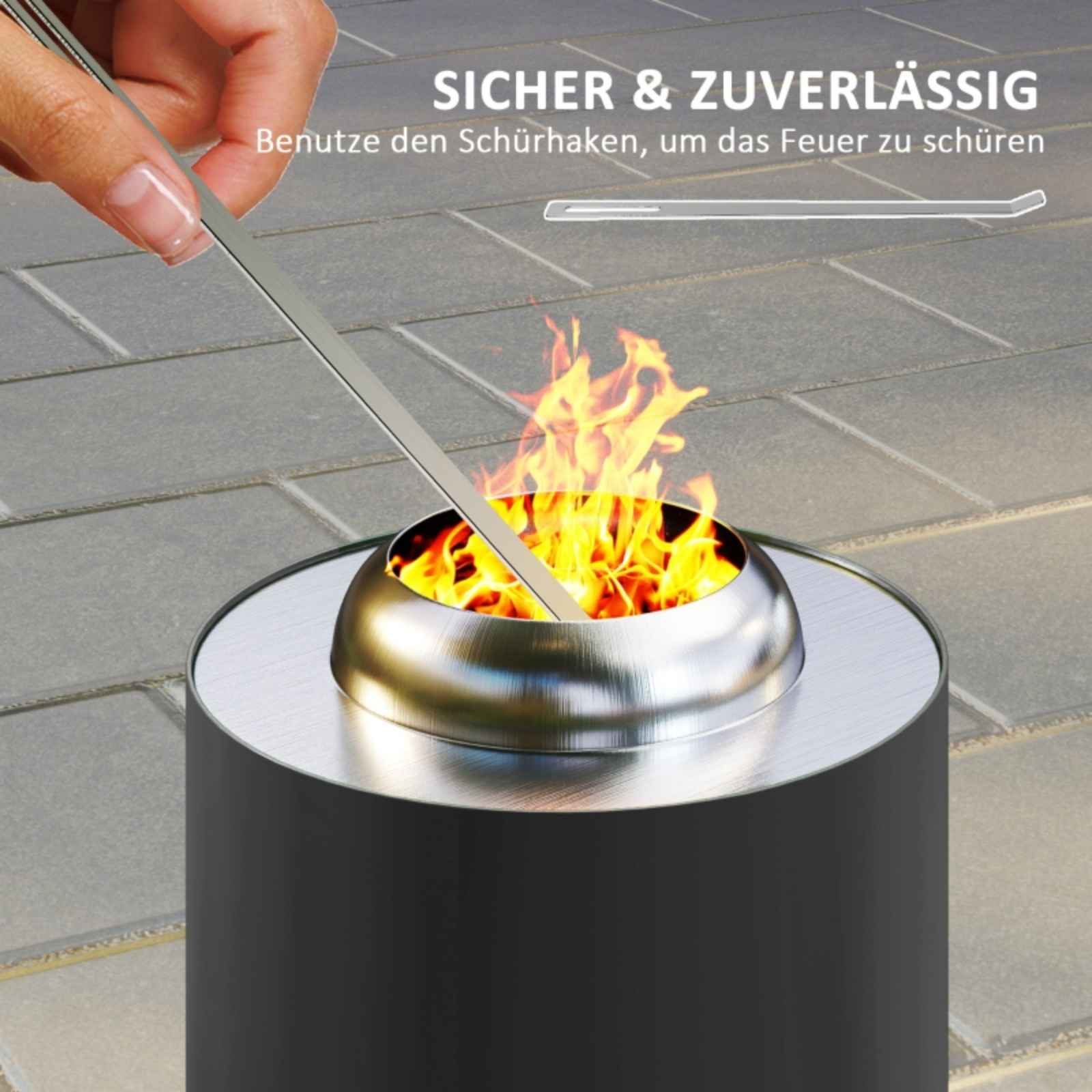 Eine Hand rührt mit einem Metallwerkzeug in einem schwarzen Feuerkorb. Der Text lautet 'Sicher und zuverlässig'.