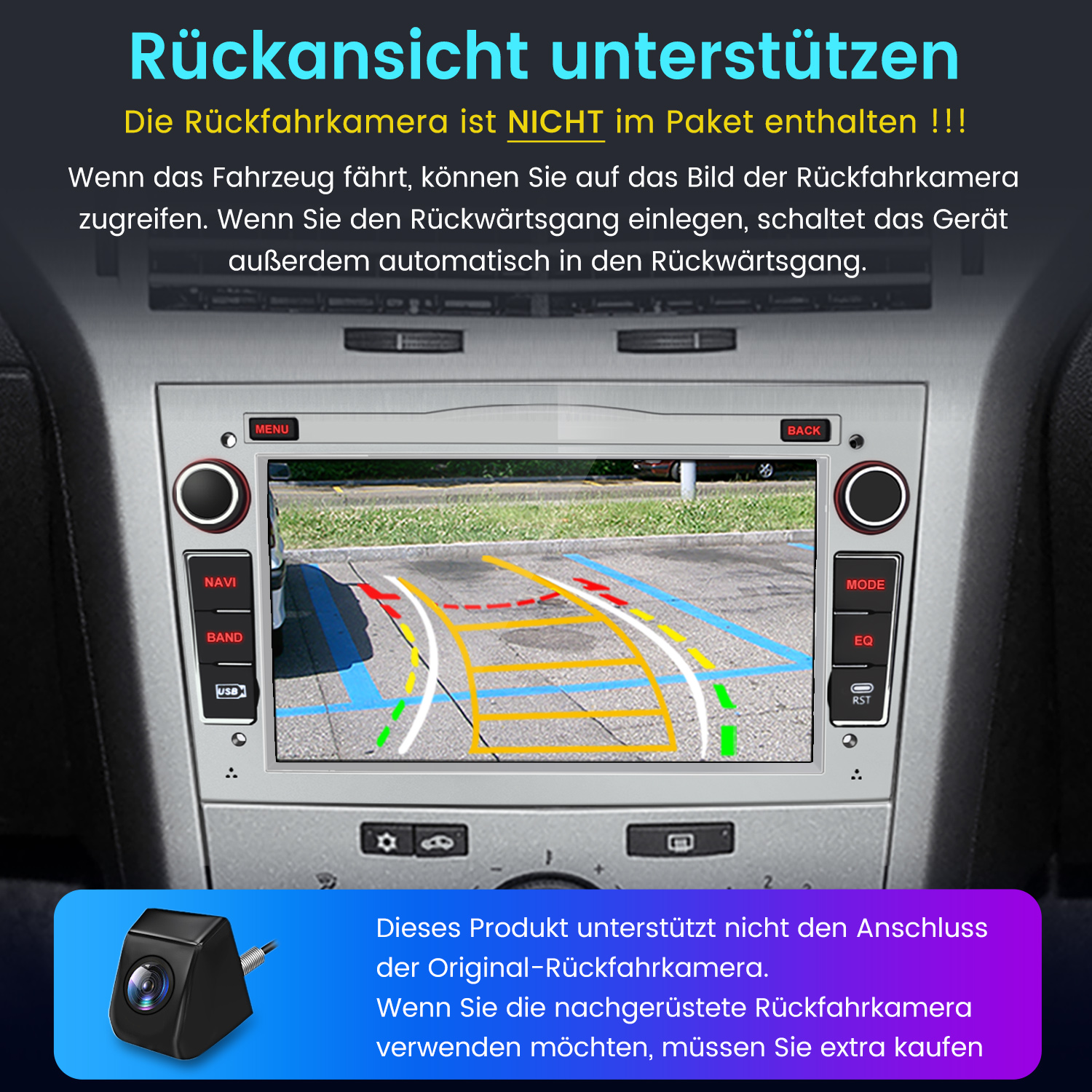 Ein Autoradio-Bildschirm zeigt die Ansicht einer Rückfahrkamera. Text auf Deutsch und Tasten umgeben den Bildschirm.
