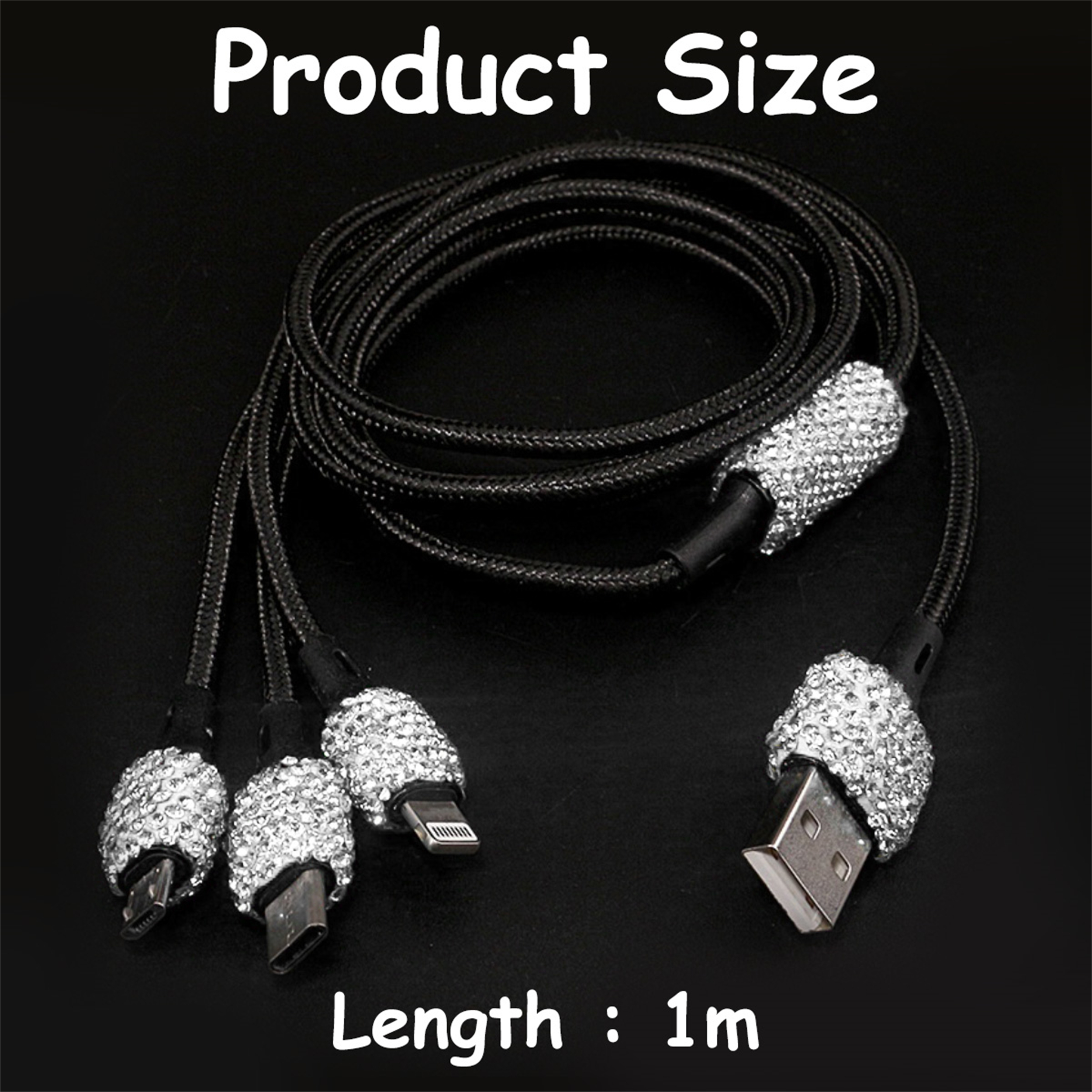 Schwarzes USB-Ladekabel mit mehreren Spitzen. Spitzen und Kabel sind mit Kristallen verziert.