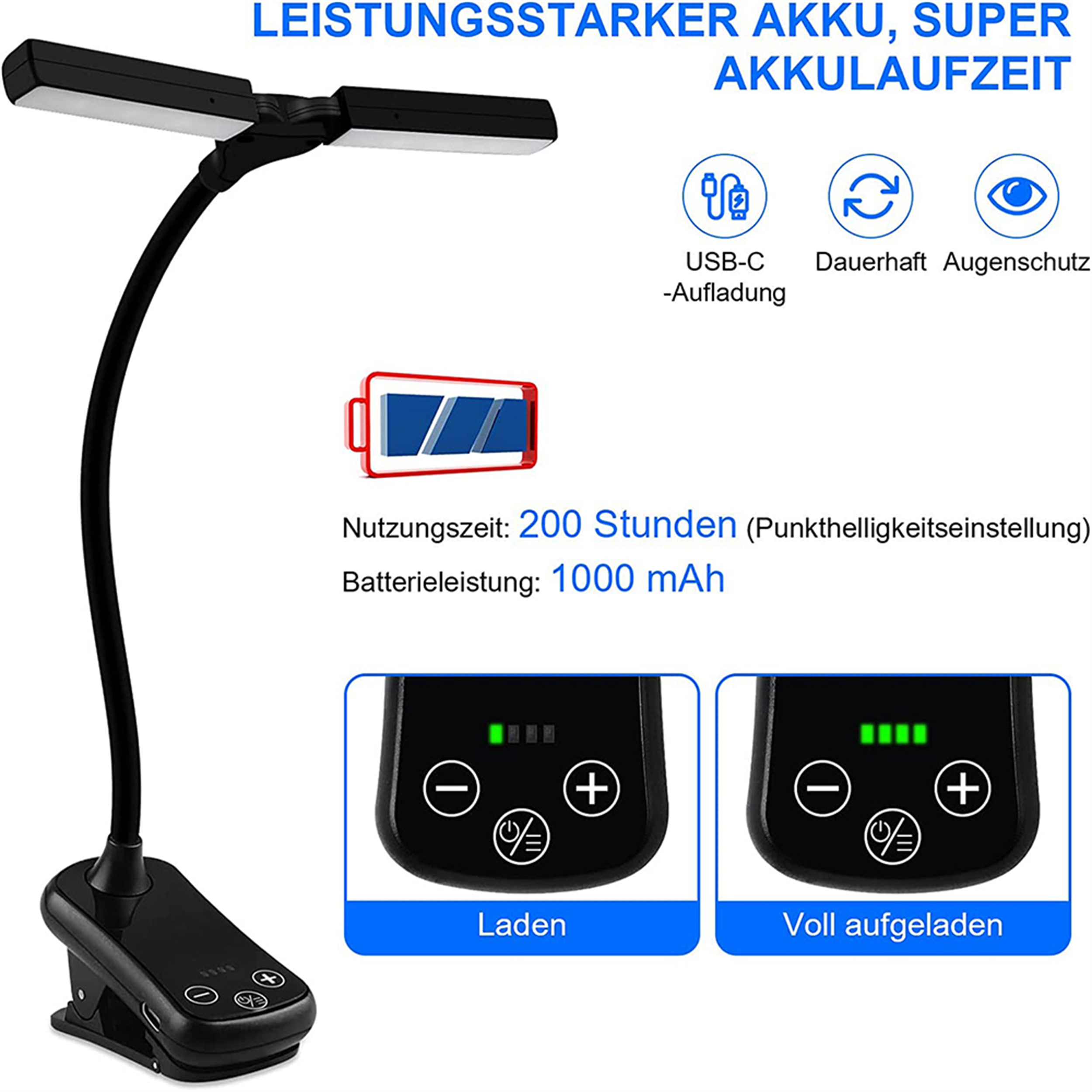 Schwarze Schreibtischlampe mit USB-C-Laden und Batterieanzeigen. Symbole für USB, Augenschutz und Akkulaufzeit werden angezeigt.