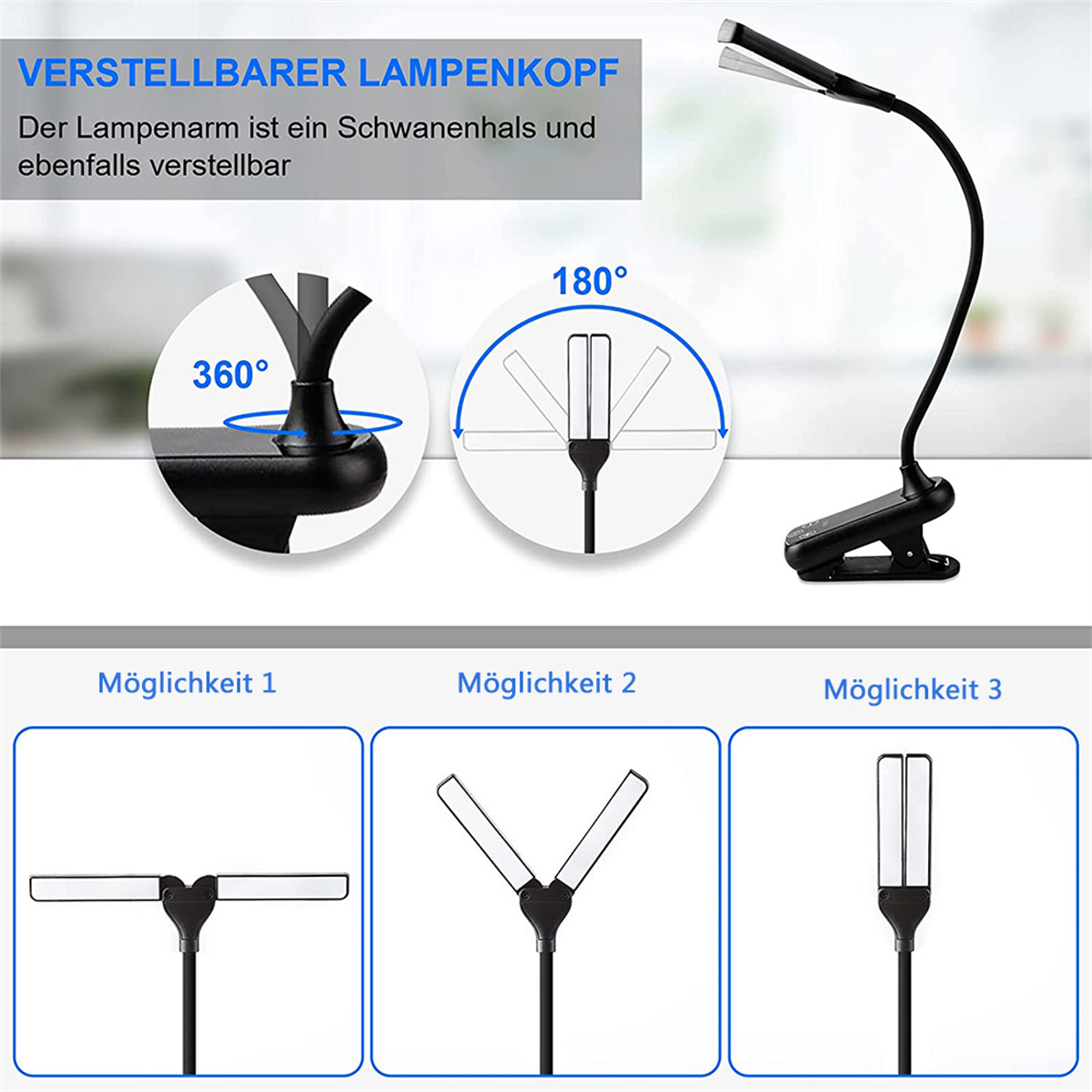 Eine schwarze Leseleuchte mit verstellbarem Kopf und Diagrammen, die verschiedene Lichtpositionen zeigen.