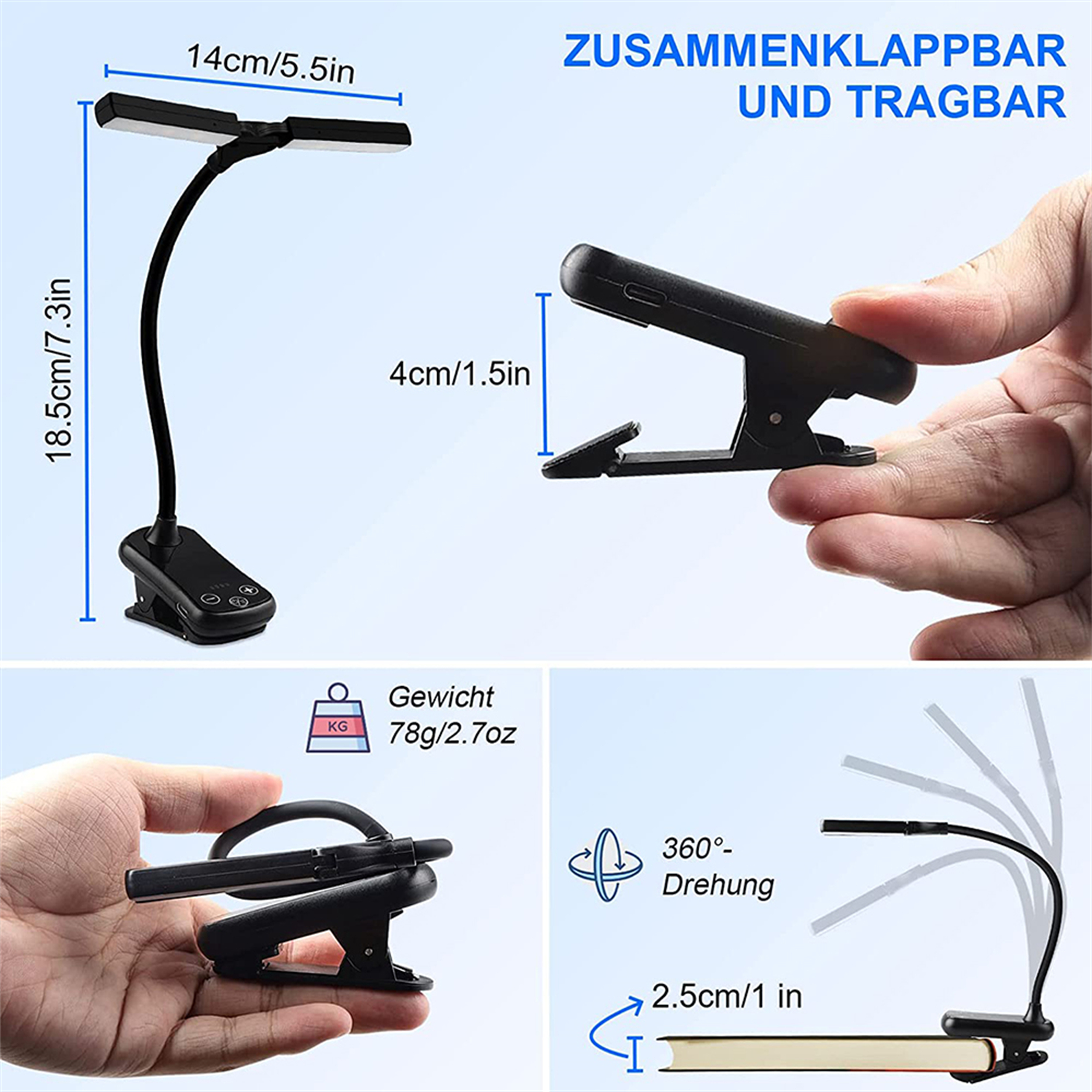 Eine schwarze Leseleuchte zum Anklemmen mit Maßen und Etiketten auf weißem Hintergrund mit Hand.