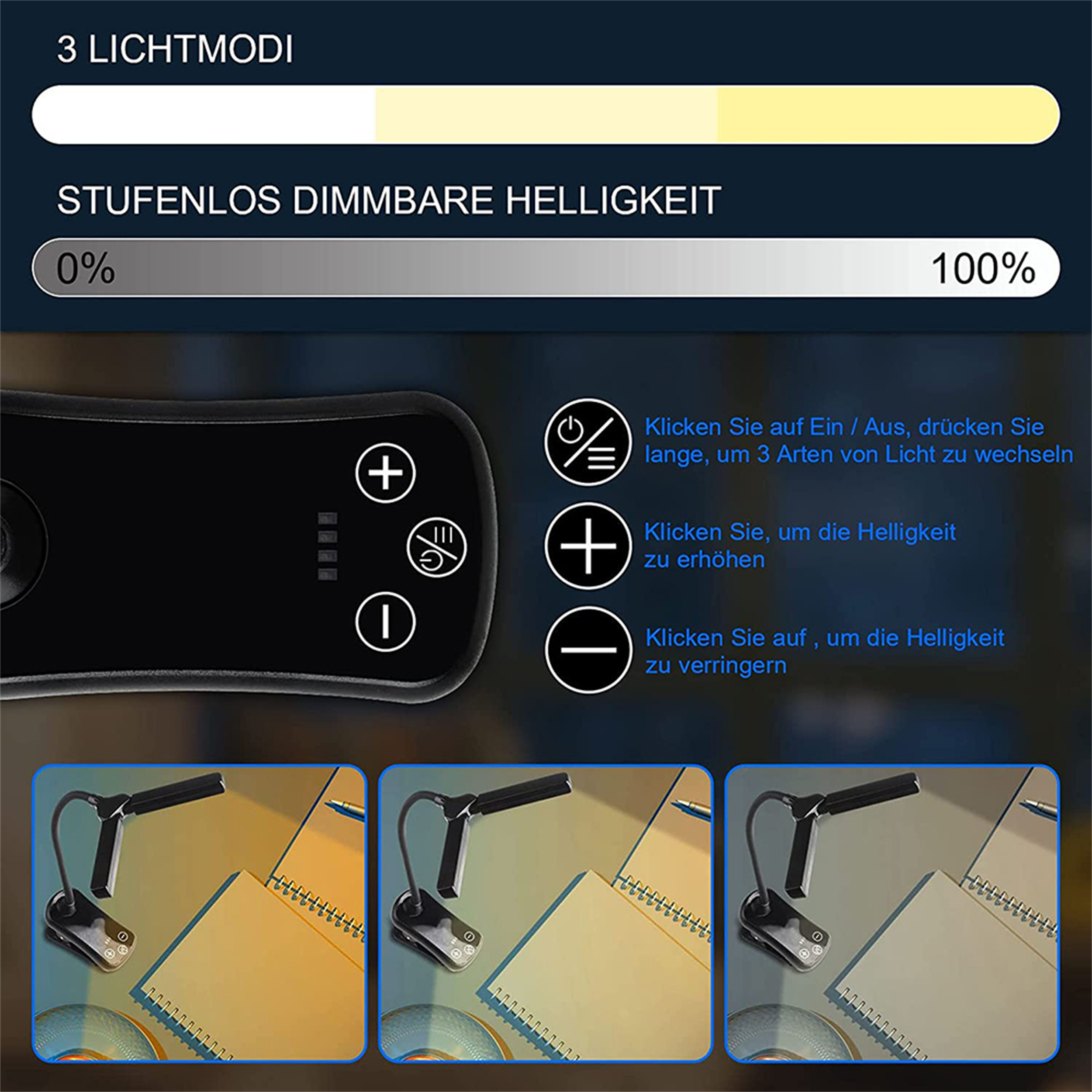 Eine schwarze Leselampe mit Helligkeitsreglern und drei Lichtmodi auf weißem Hintergrund.