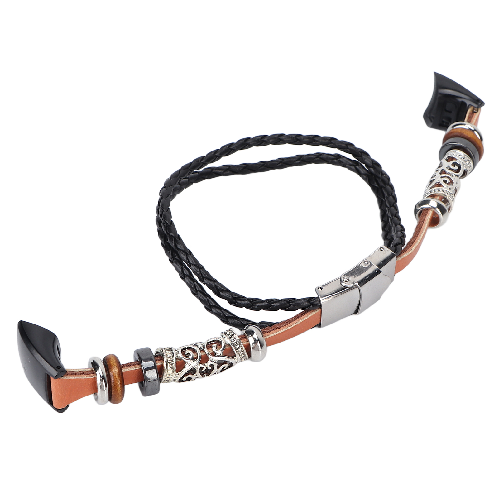 Lederarmband mit geflochtenem schwarzen Riemen, Metall- und Holzperlen, und Metallverschluss.