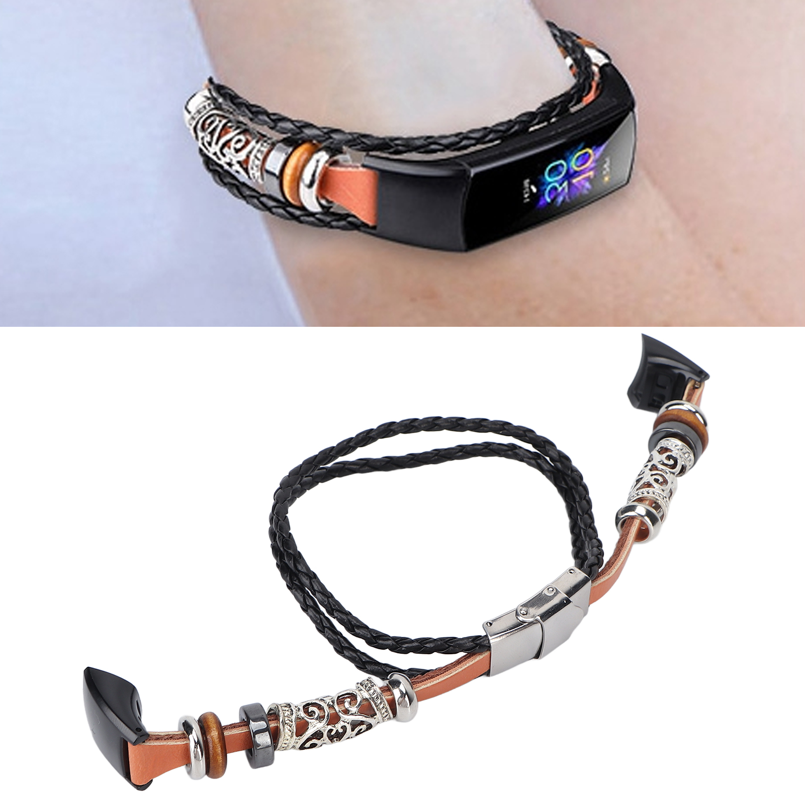 Armband mit Fitnesstracker, Lederband, geflochtenem schwarzen Riemen und dekorativen Perlen.