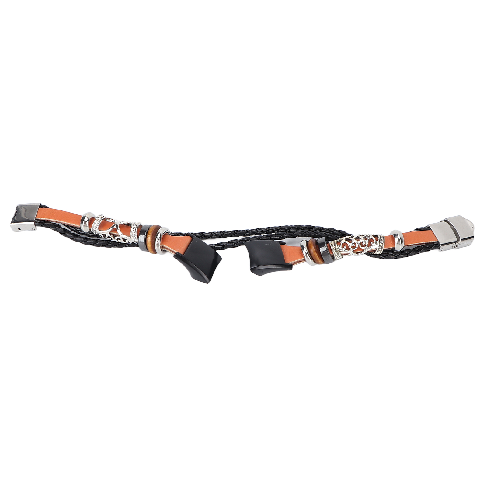 Ein Lederarmband mit metallischen Akzenten. Das Armband hat schwarze, braune und silberne Elemente.