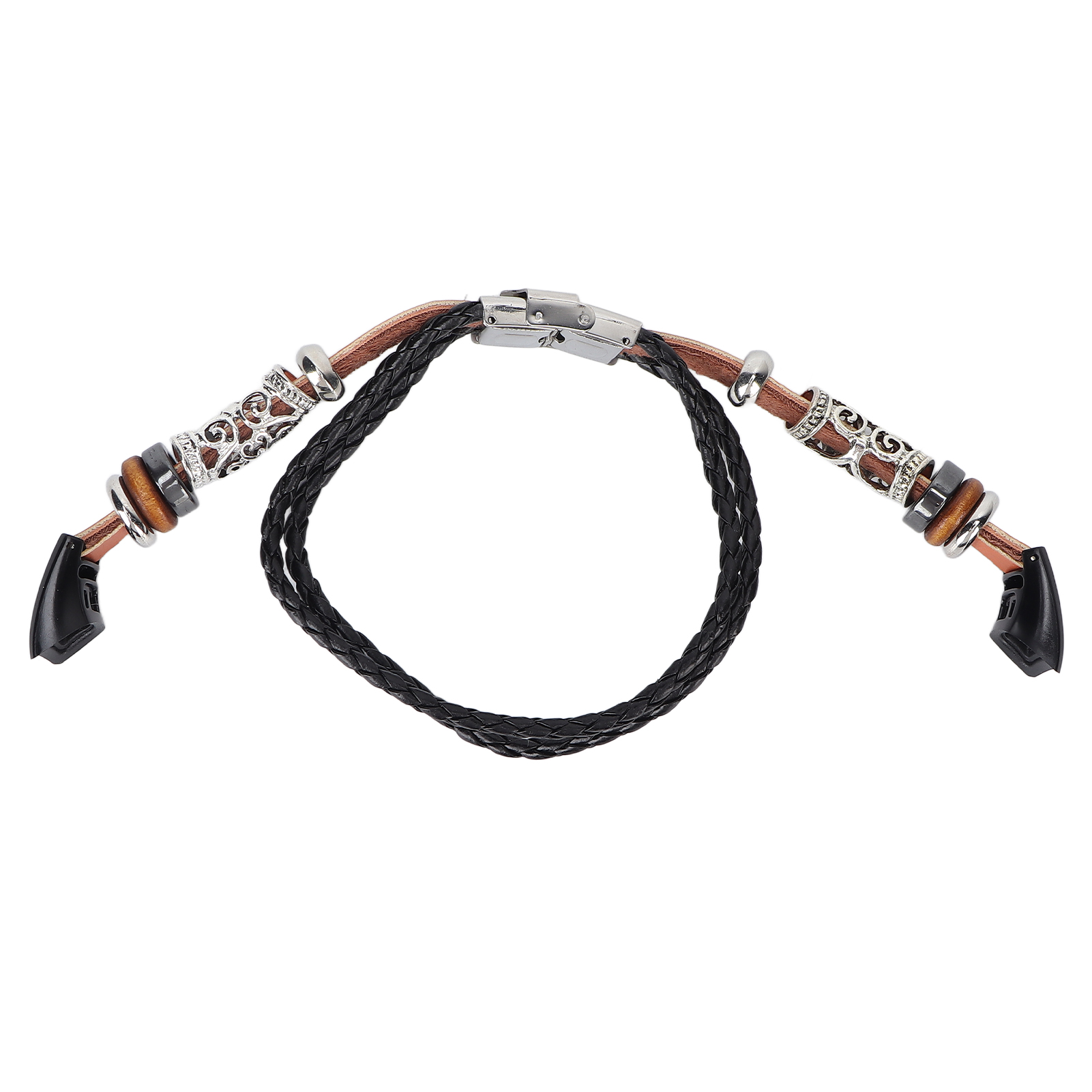 Lederarmband mit geflochtenem schwarzen Riemen, Metall- und Holzperlen, und Metallverschluss.