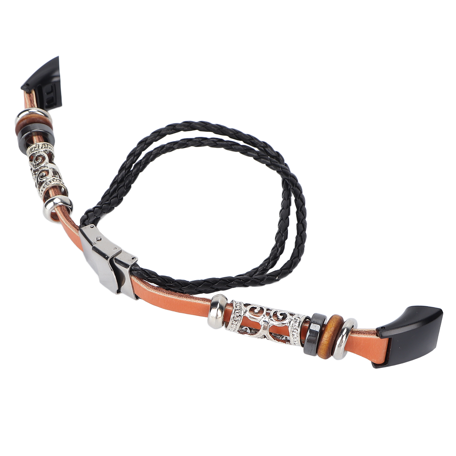 Ein Lederarmband mit Metall- und Holzperlen und einem schwarzen geflochtenen Riemen.