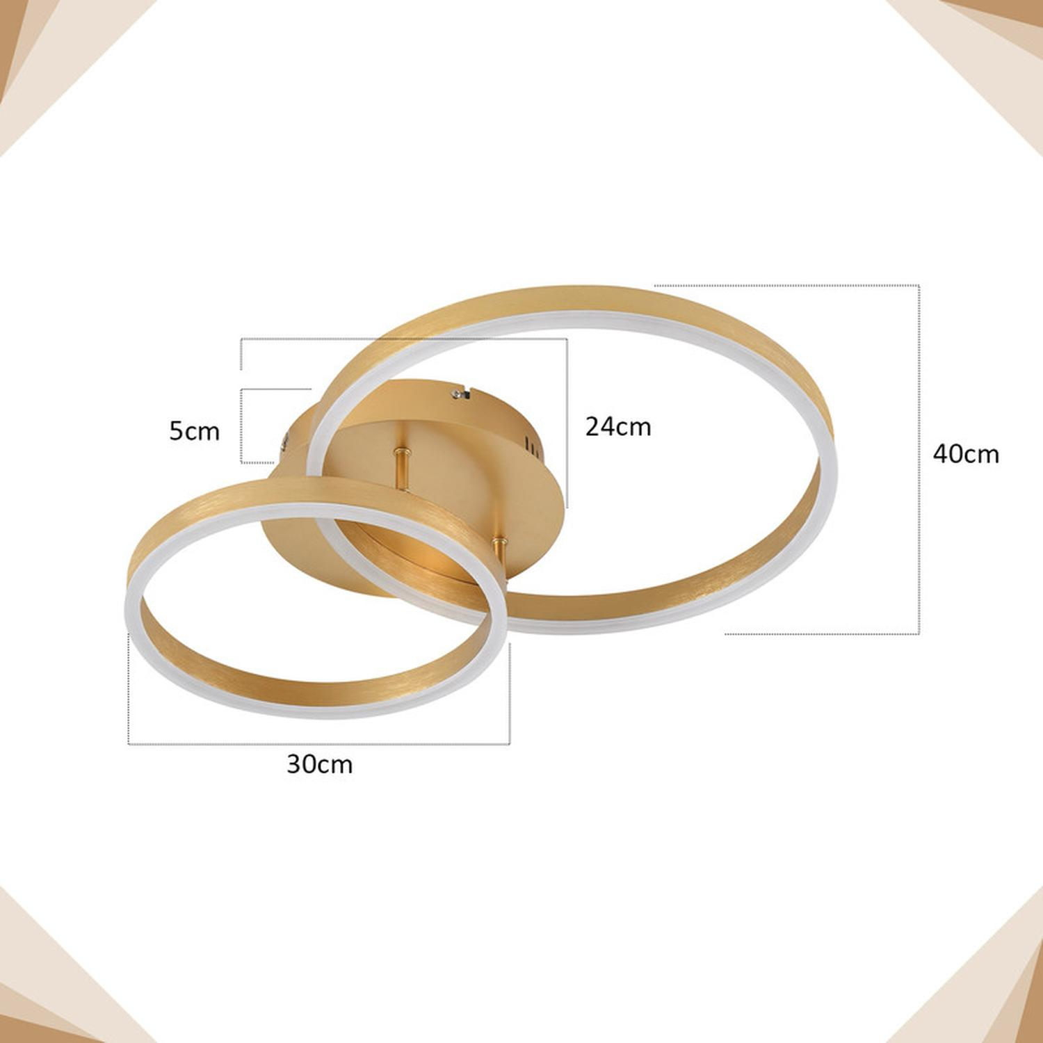 Lampada da soffitto dorata con due anelli ad incastro. Le dimensioni sono visualizzate.