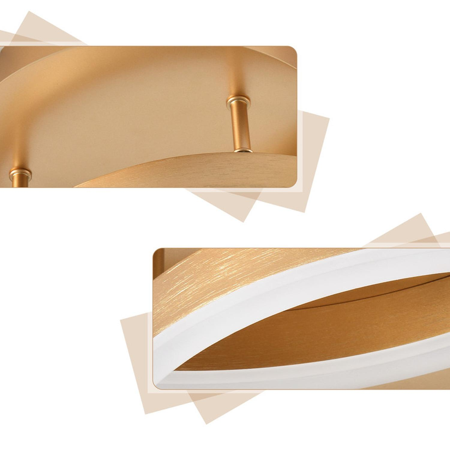 Dettagli ravvicinati di una lampada da soffitto dorata con un anello interno bianco.