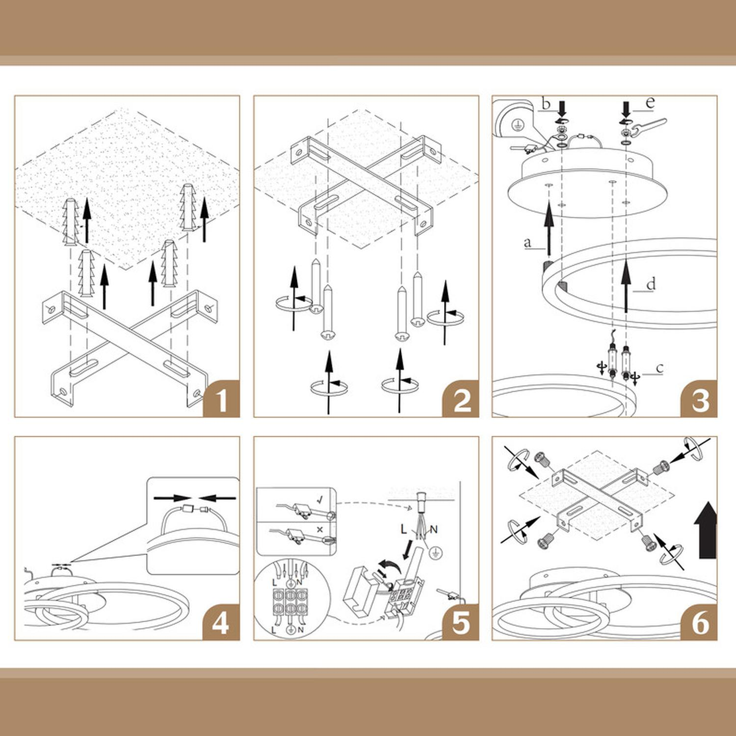 Guida all'installazione passo-passo per una lampada da soffitto con diagrammi.