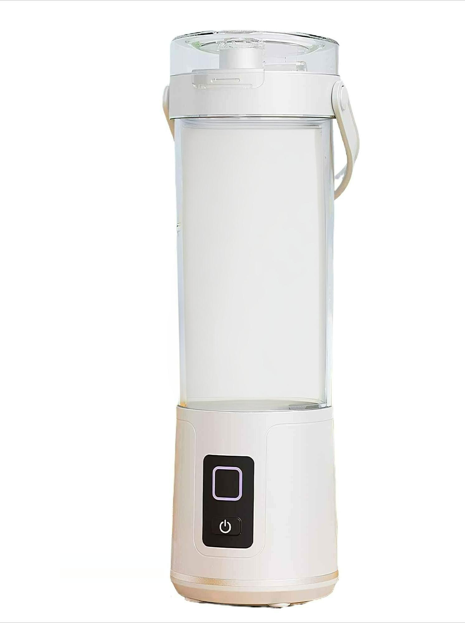 Weißer tragbarer Mixer mit durchsichtigem Behälter und schwarzer Basis. Ein-/Aus-Taste sichtbar.