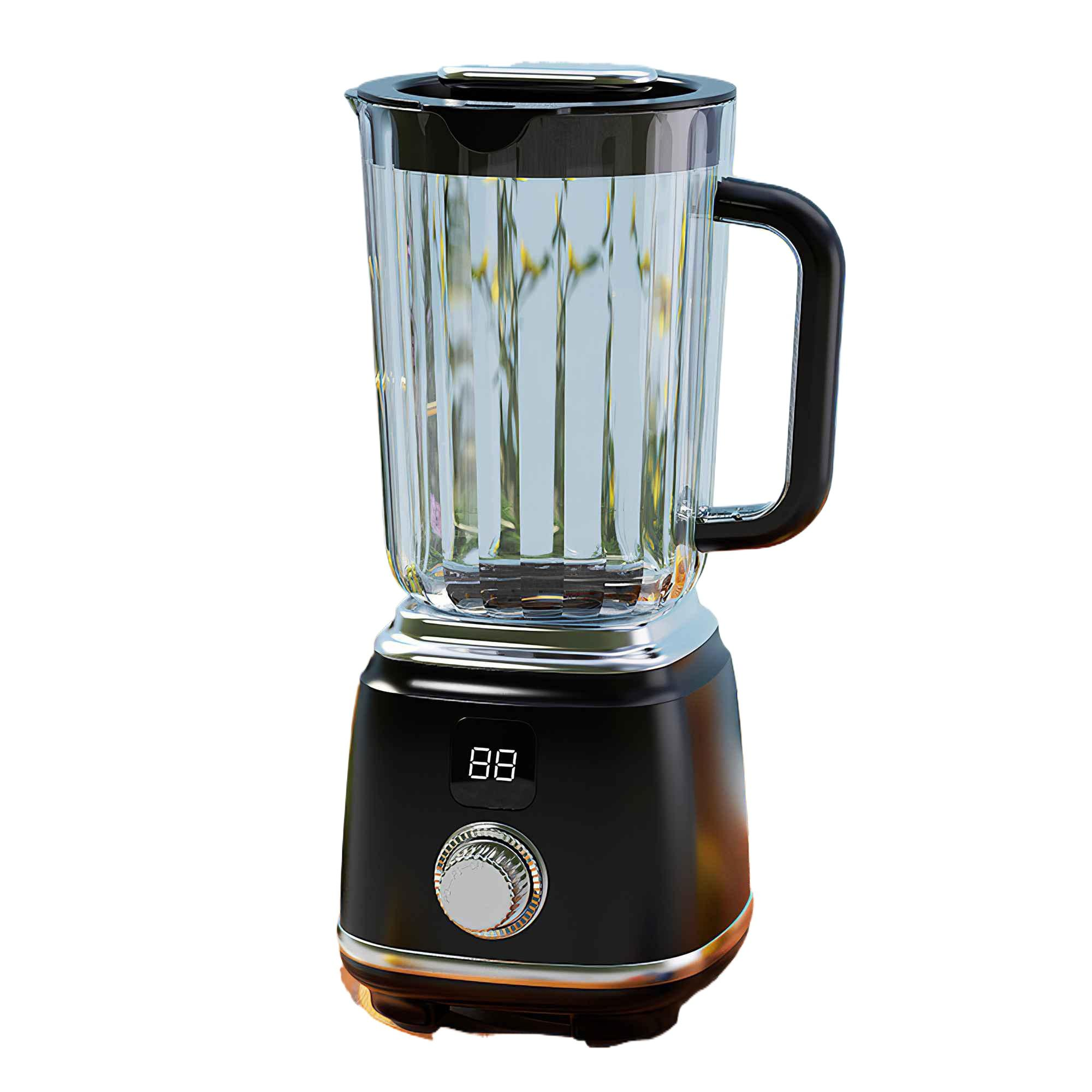 Schwarzer Mixer mit Glasbehälter. Digitalanzeige und Knopf an der Basis.