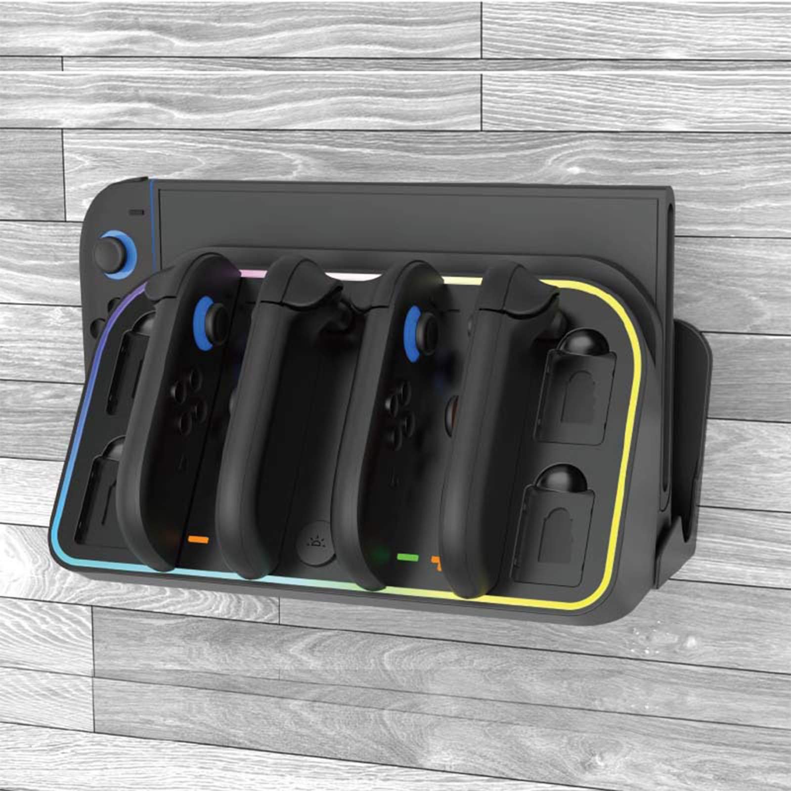 Eine schwarze Ladestation für Gamecontroller mit bunten LED-Lichtern.