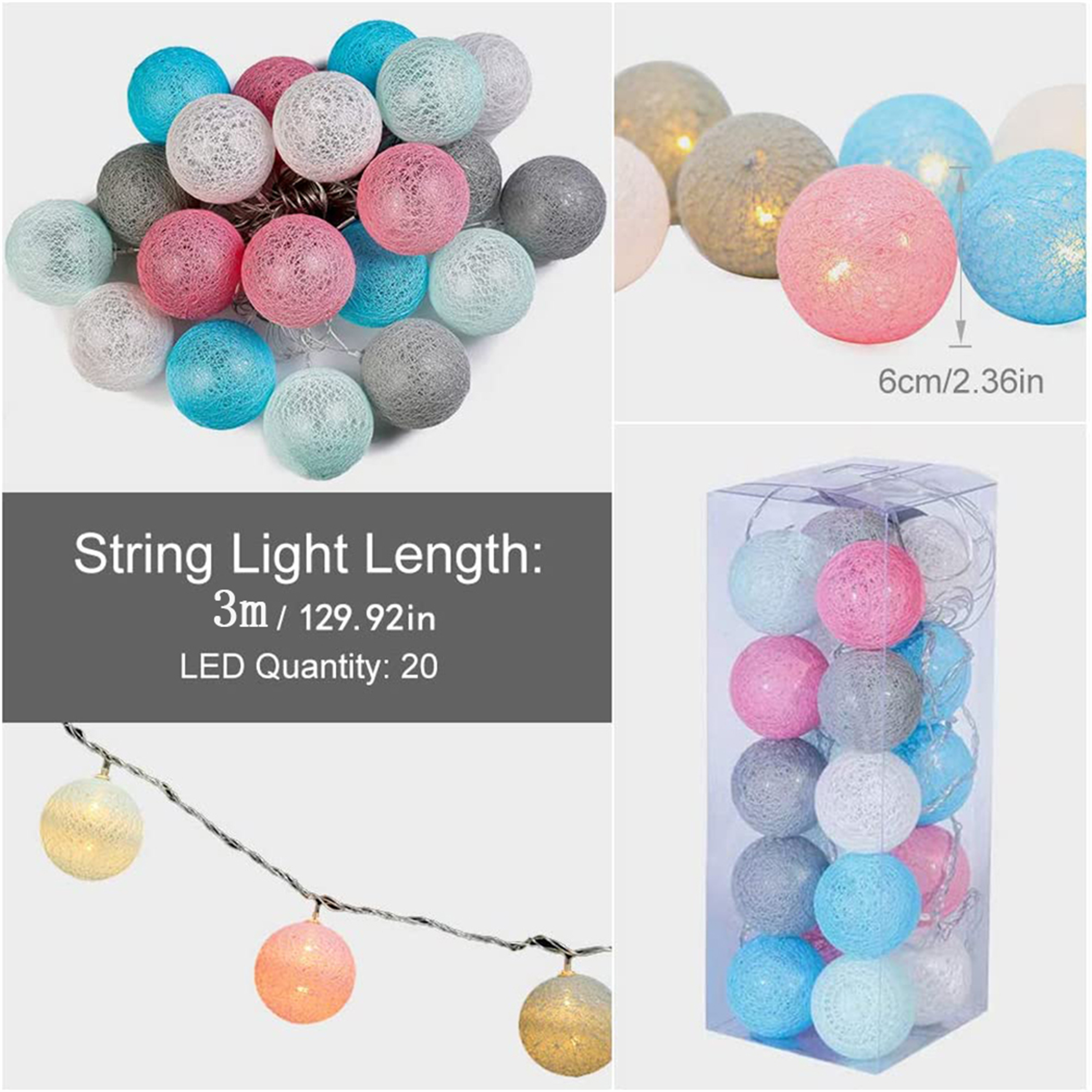 Lichterkette mit bunten Kugeln. Text zeigt 3m Länge und 20 LEDs an.