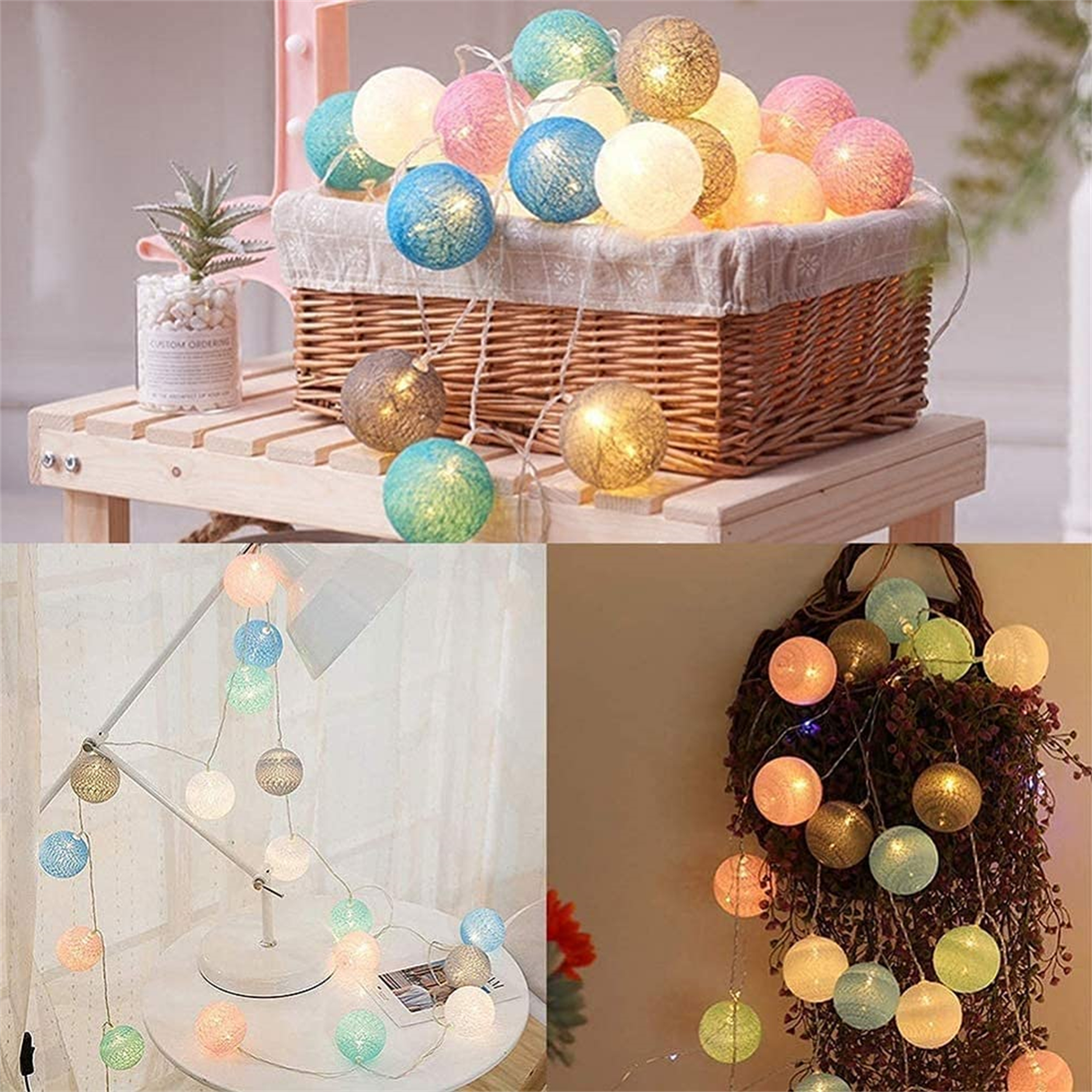 Lichterketten mit bunten Kugeln in einem Korb auf einem Holzständer. Zusätzliche Lichter in anderen Umgebungen.
