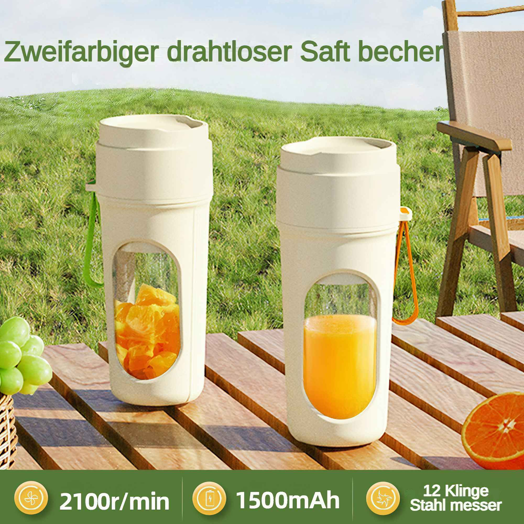 Zwei tragbare Entsafter, einer mit Orangenscheiben, der andere mit Saft, mit Spezifikationen und Funktionen.