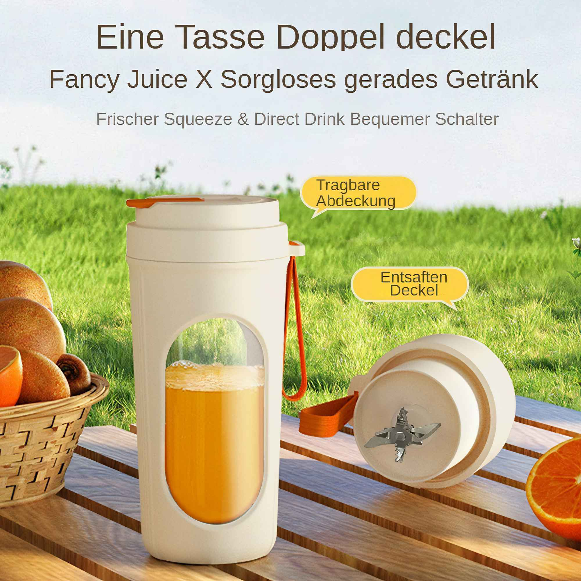 Eine weiße Saftflasche mit Fenster, das Orangensaft zeigt. Rechts ein Mixeraufsatz.