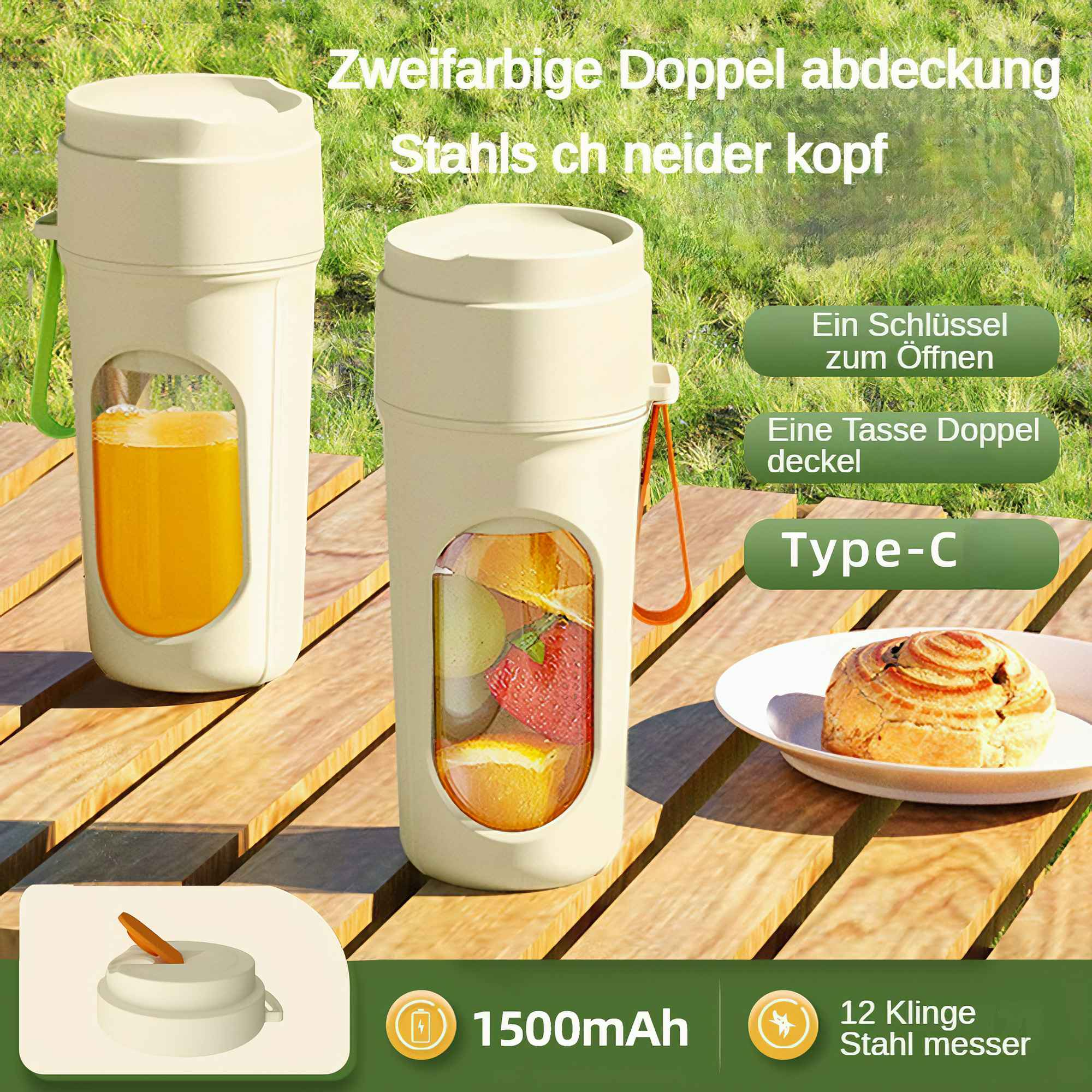 Zwei cremefarbene tragbare Mixer mit Typ-C-Anschluss und Zutaten im Inneren, einer ohne Deckel.