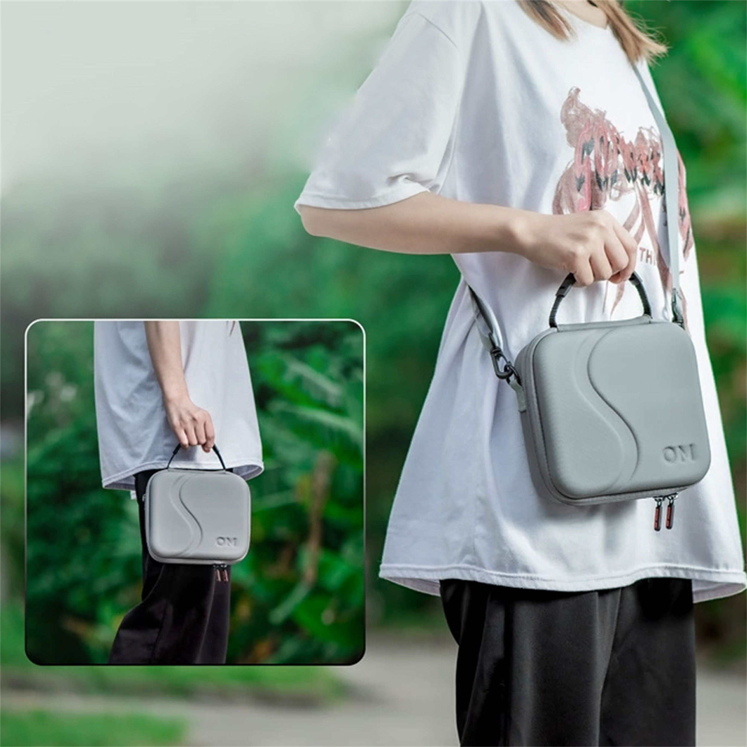 Eine Person mit einer grauen Tragetasche über der Schulter, mit einem Fotoeinsatz, der die Tasche in der Hand zeigt.