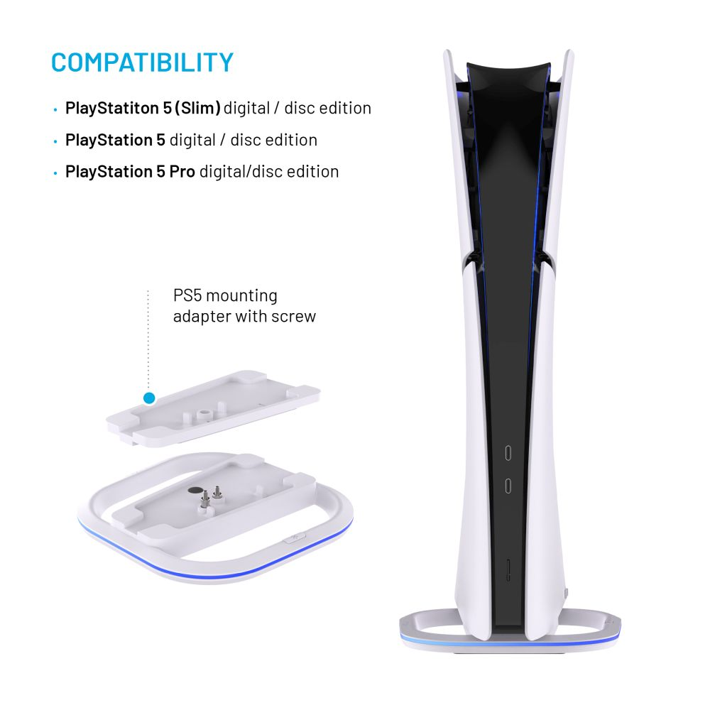 Un supporto bianco con una PlayStation 5 nera, che mostra i dettagli di compatibilità e un adattatore a vite.