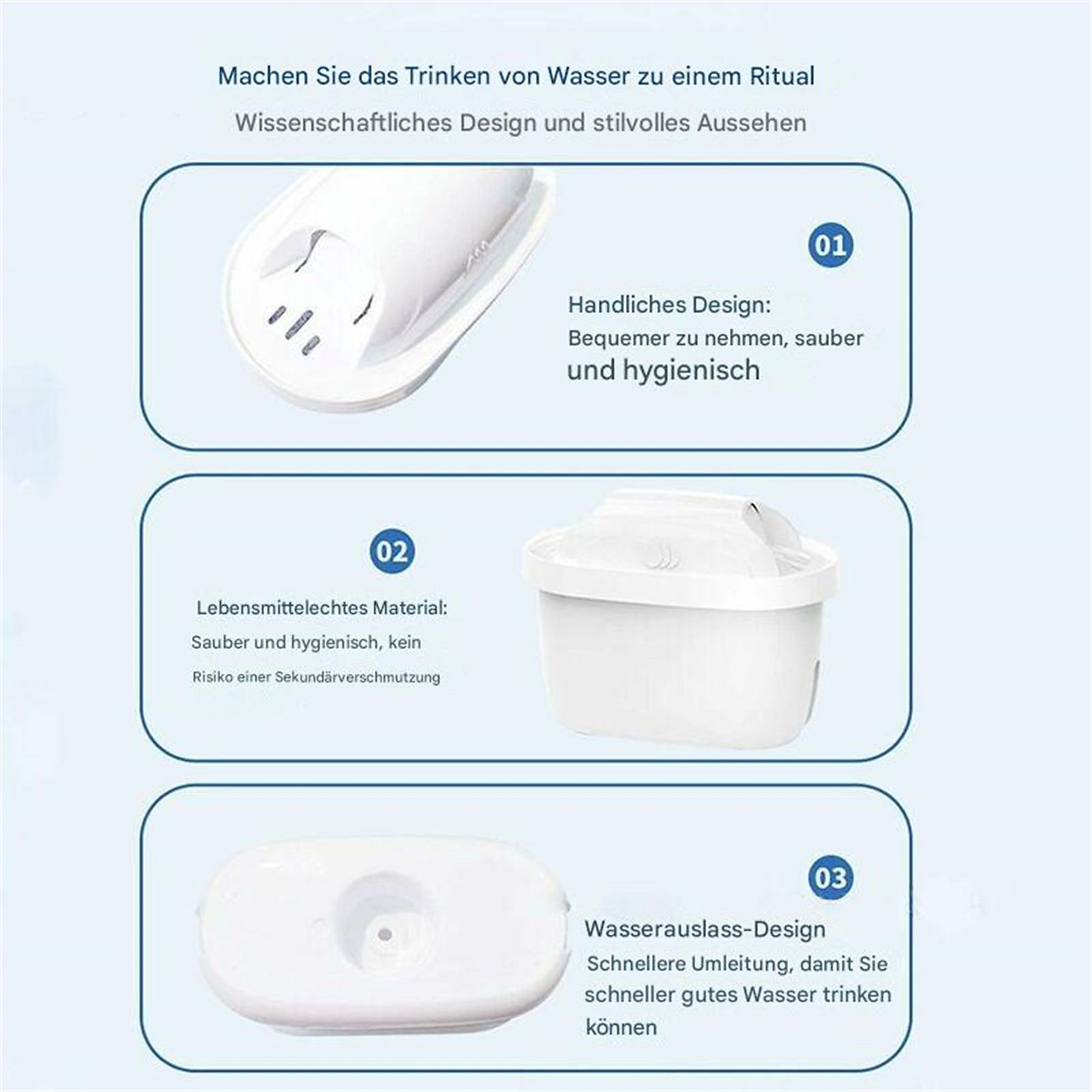 Diagramm, das Wasserfilterteile und -funktionen zeigt: handliches Design, lebensmittelechtes Material, Wasserauslass.