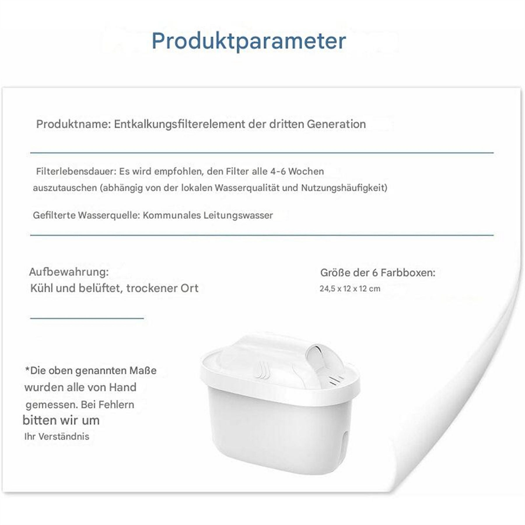 Produktdetails, einschließlich Filterlebensdauer und Informationen zur gefilterten Wasserquelle.