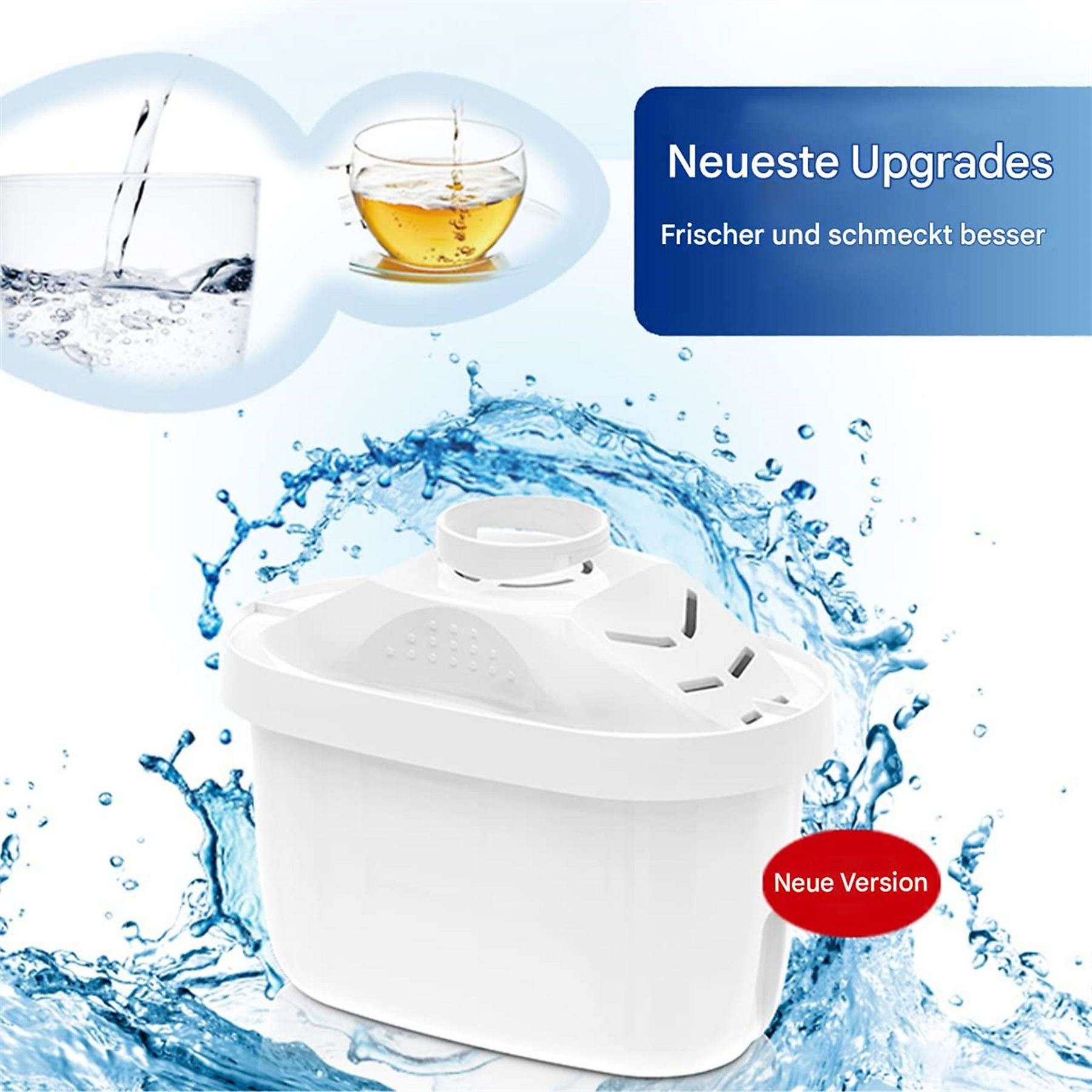 Weißer Wasserfilter mit Wasser, das in ein Glas und eine Tasse Tee gegossen wird, Text über Upgrades.