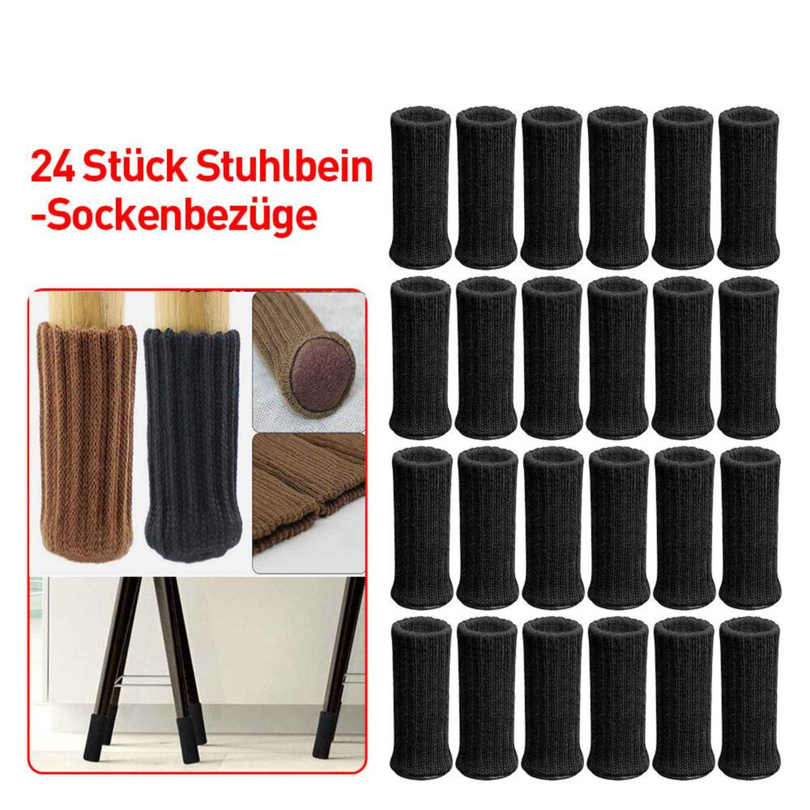 Mehrere schwarze Stuhlbeinbezüge und Bilder, die die Bezüge in Gebrauch zeigen. Die Bezüge sind schwarz und zylindrisch.