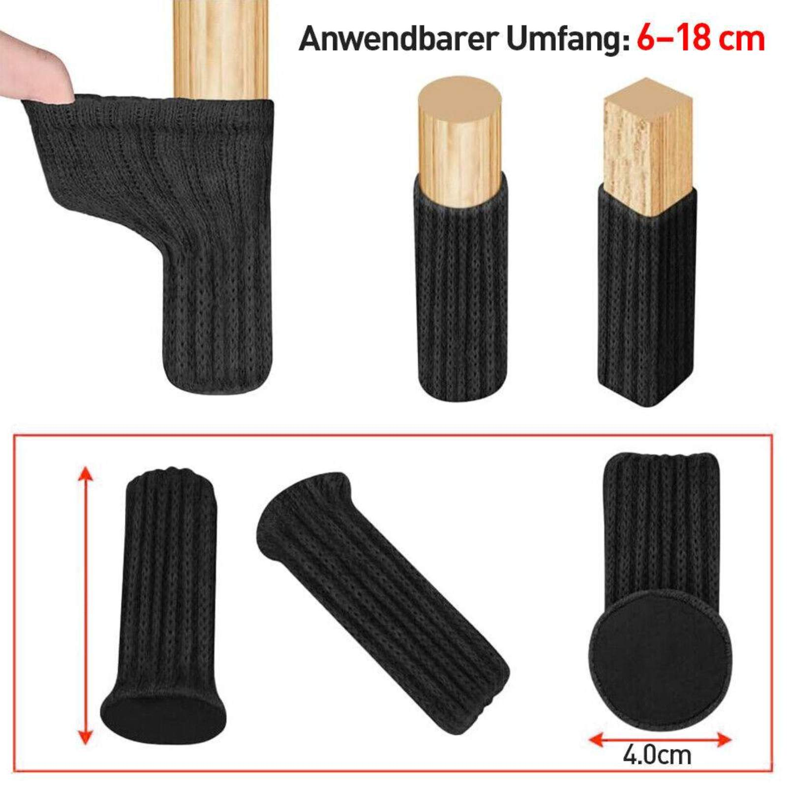 Schwarze Möbelbeinabdeckungen. Eine ist auf einem Bein, andere werden aus mehreren Winkeln gezeigt. Text: 6-18cm.