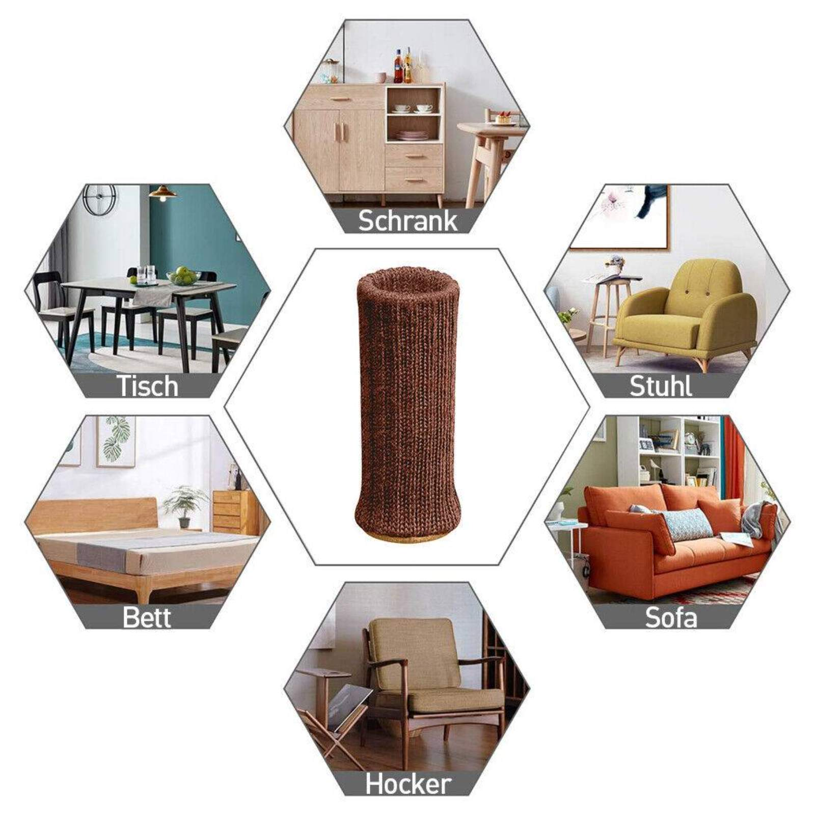 Eine braune Möbelbeinabdeckung mit umliegenden Möbeln: Tisch, Stuhl, Sofa, Bett und Schrank.
