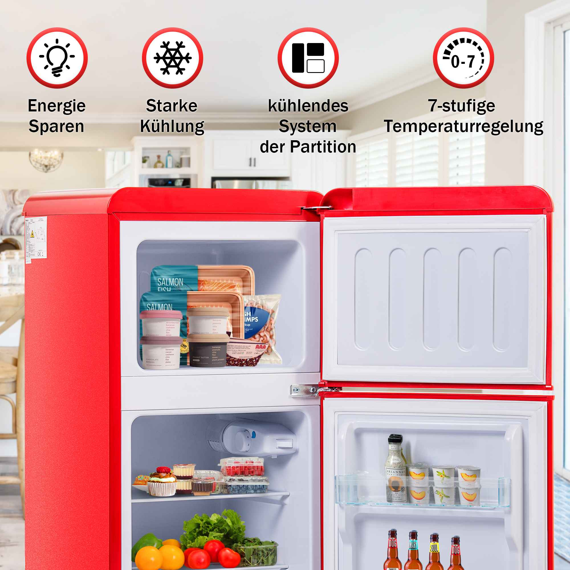 Ein roter Kühlschrank mit offenen Türen, die Lebensmittel zeigen. Etiketten und Symbole mit Text oben.