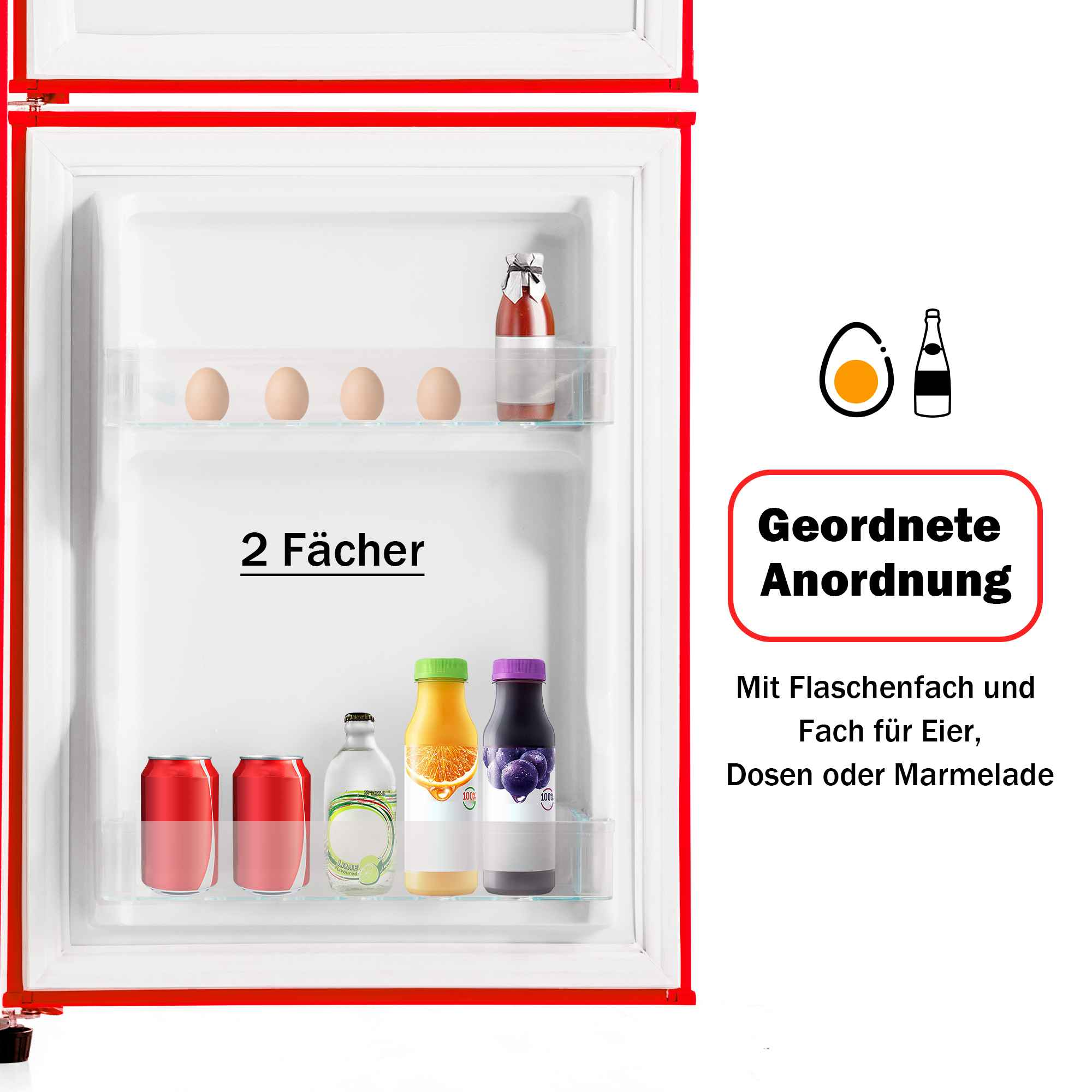 Roter Kühlschrankinnenraum. Regale halten Eier, Flaschen und Dosen. Rechte Seite Grafik und Text.