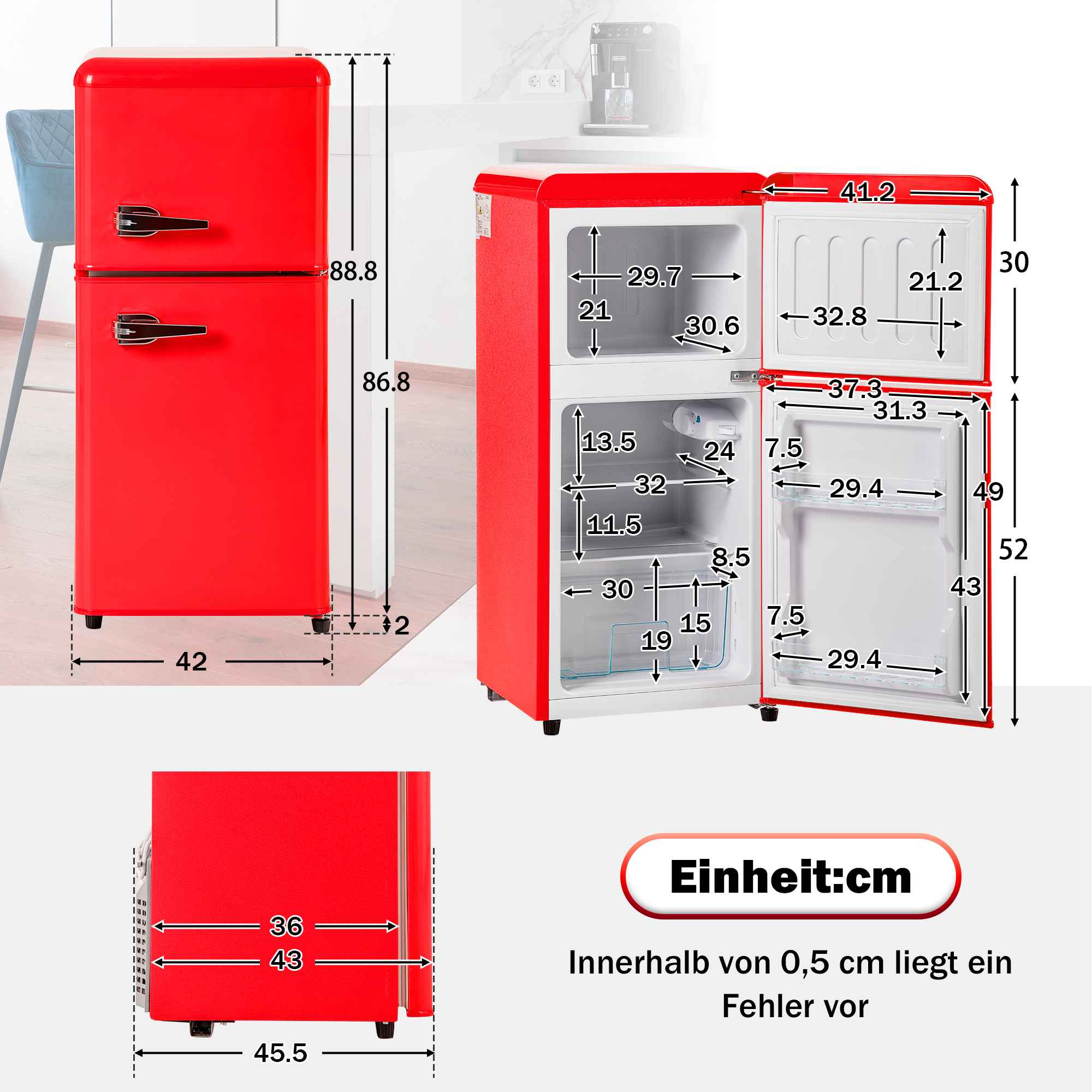 Roter Kühlschrank, offene Türen, zeigt Innenregale und Fächer mit Wasserspender.