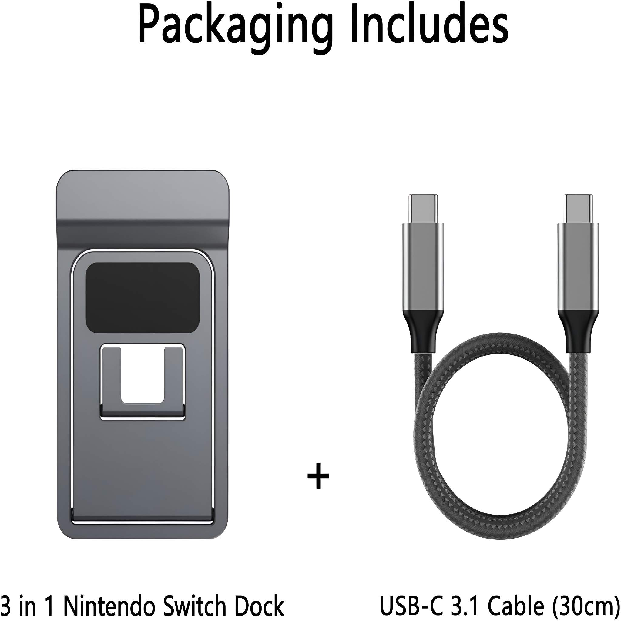 Ein graues Nintendo Switch Dock und ein USB-C-Kabel. Das Dock ist grau und das Kabel ist schwarz und grau.