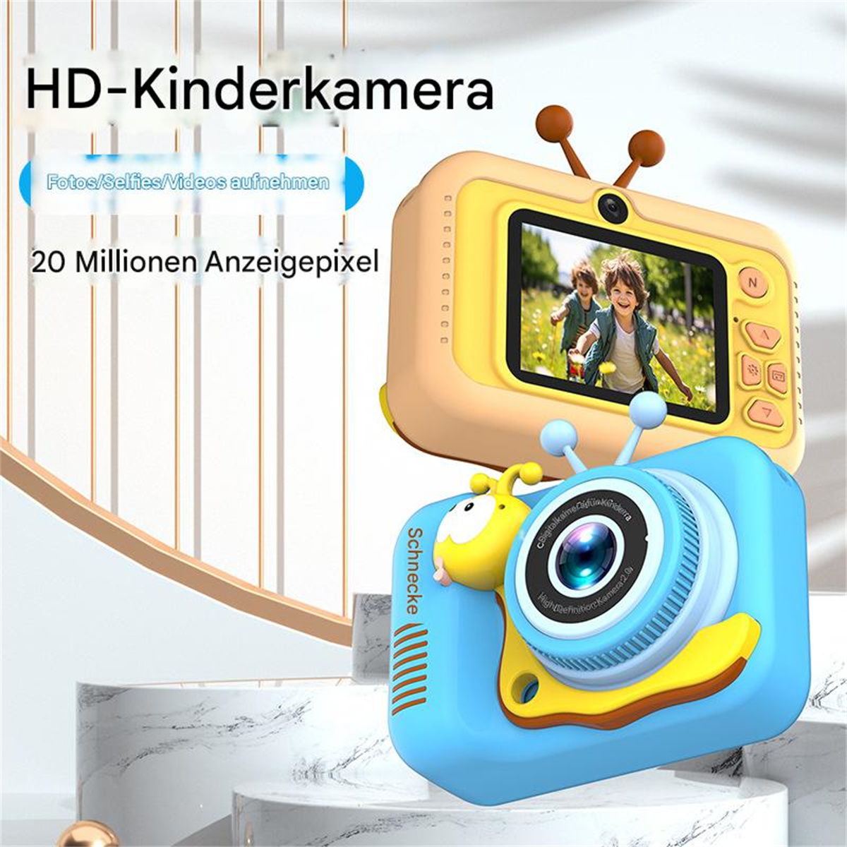 Zwei Spielzeugkameras, eine gelbe und eine blaue. Die blaue Kamera hat ein Schneckendesign. Der Hintergrund ist weiß.