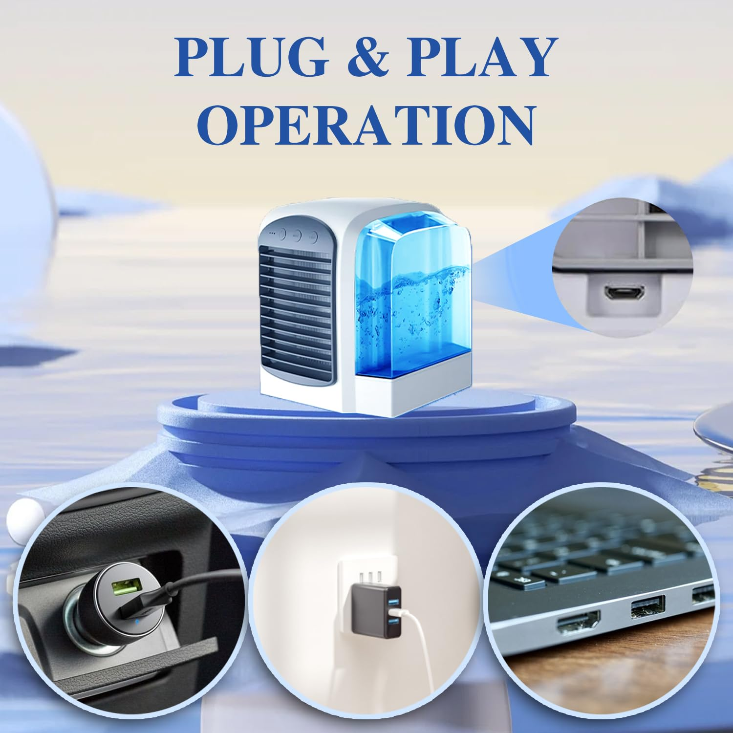 Ein Luftkühler mit USB, Autoladegerät und Wandstecker. Der Text lautet 'Plug & Play Operation'.