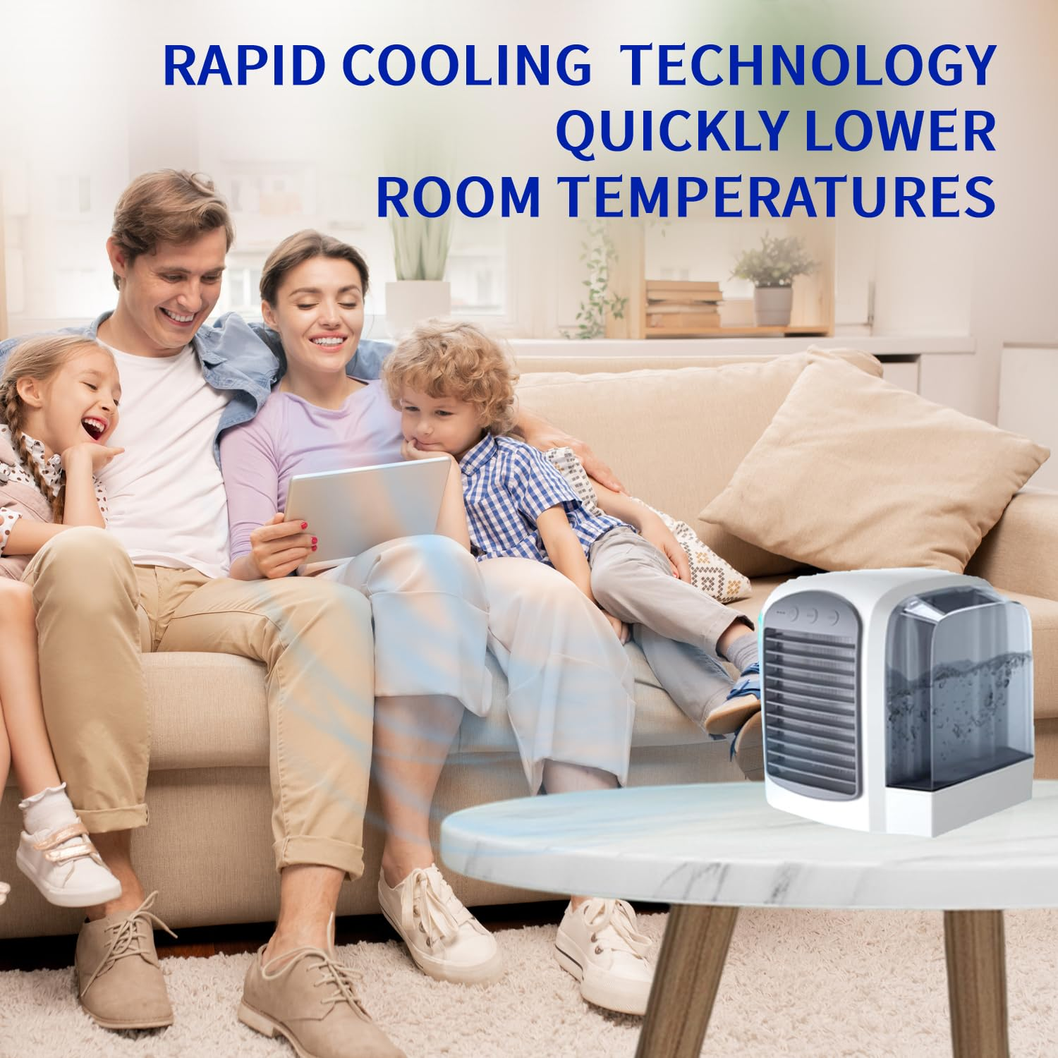 Familie mit Luftkühler. Text: 'Schnelle Kühltechnologie senkt schnell die Raumtemperaturen'.