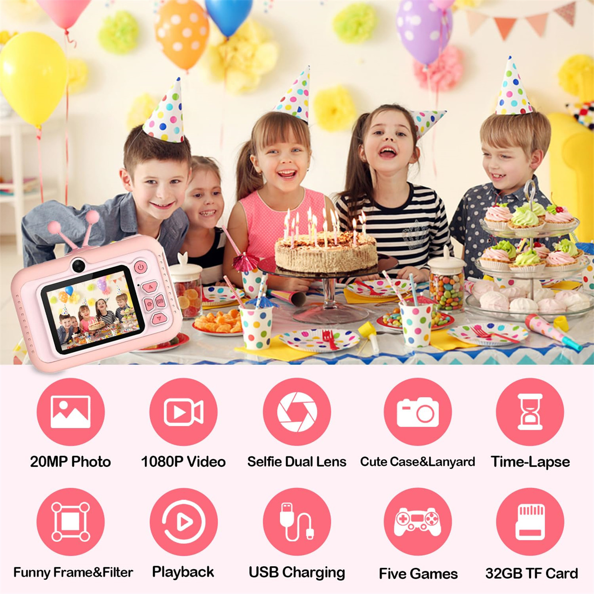Kinder auf einer Geburtstagsparty, eine rosa Kamera und Symbole für Kamerafunktionen wie Video und Spiele.