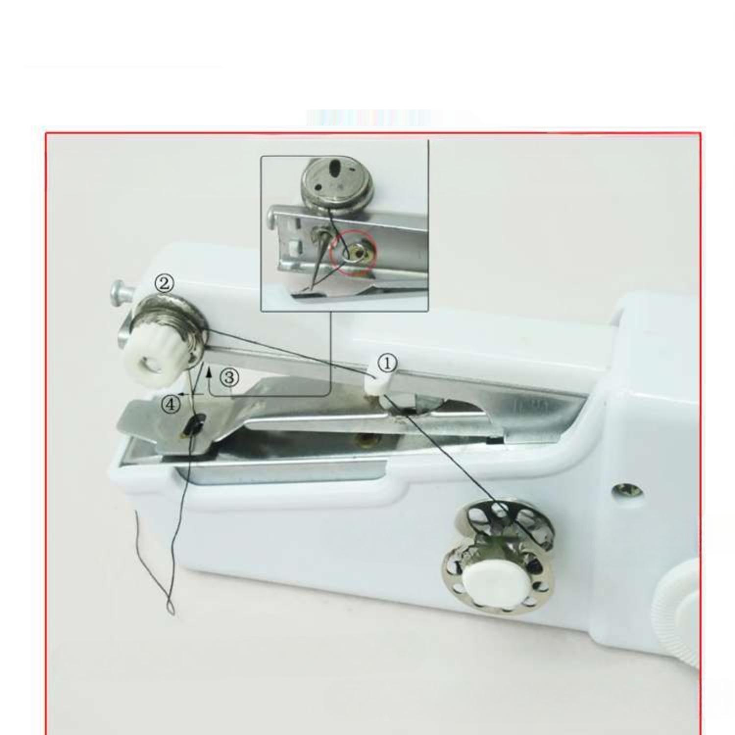 Nahaufnahme einer weißen Handnähmaschine, die den Einfädelvorgang zeigt.