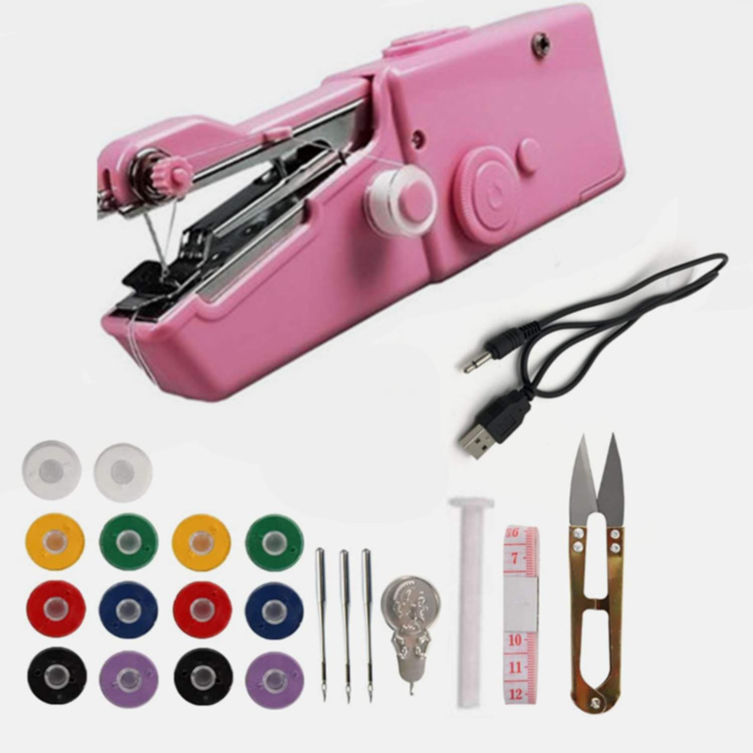 Rosa Handnähmaschine mit Zubehör: Spulen, Nadeln, USB-Kabel, Schere und Maßband.