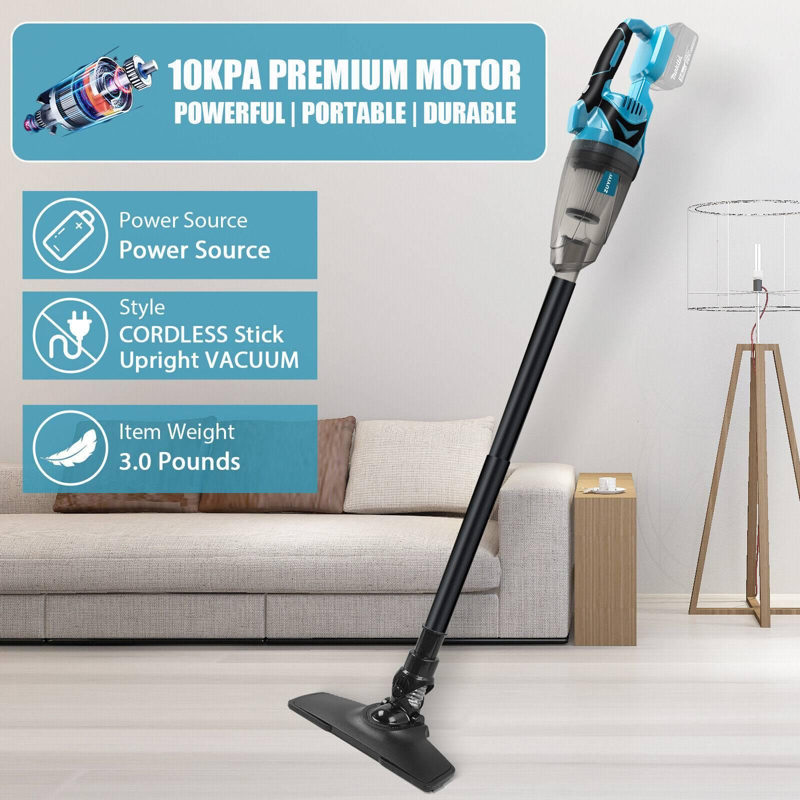 Kabelloser Stielsauger, blau und schwarz, mit einem Stromquellen-Symbol und Produktinformationen.