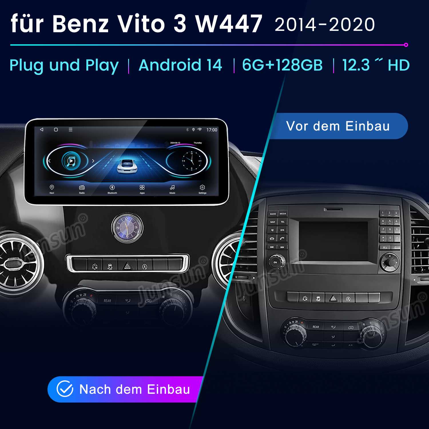 Auto-Multimedia-System mit Touchscreen, das Fahrzeuginformationen und Einstellungen auf dem Display zeigt.