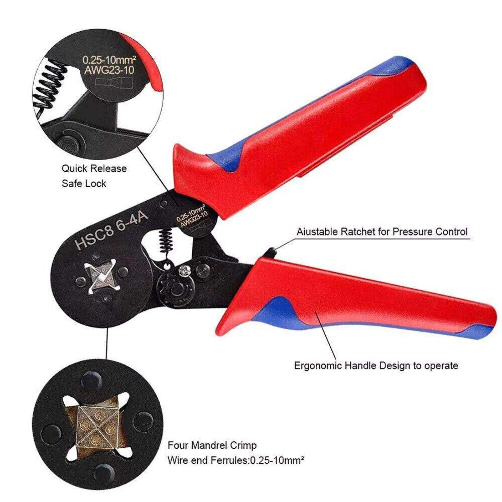 Crimpzange mit roten und blauen Griffen. Nahaufnahme mit Beschriftungen: Quick Release, Safe Lock, und Ratschenverstellung.
