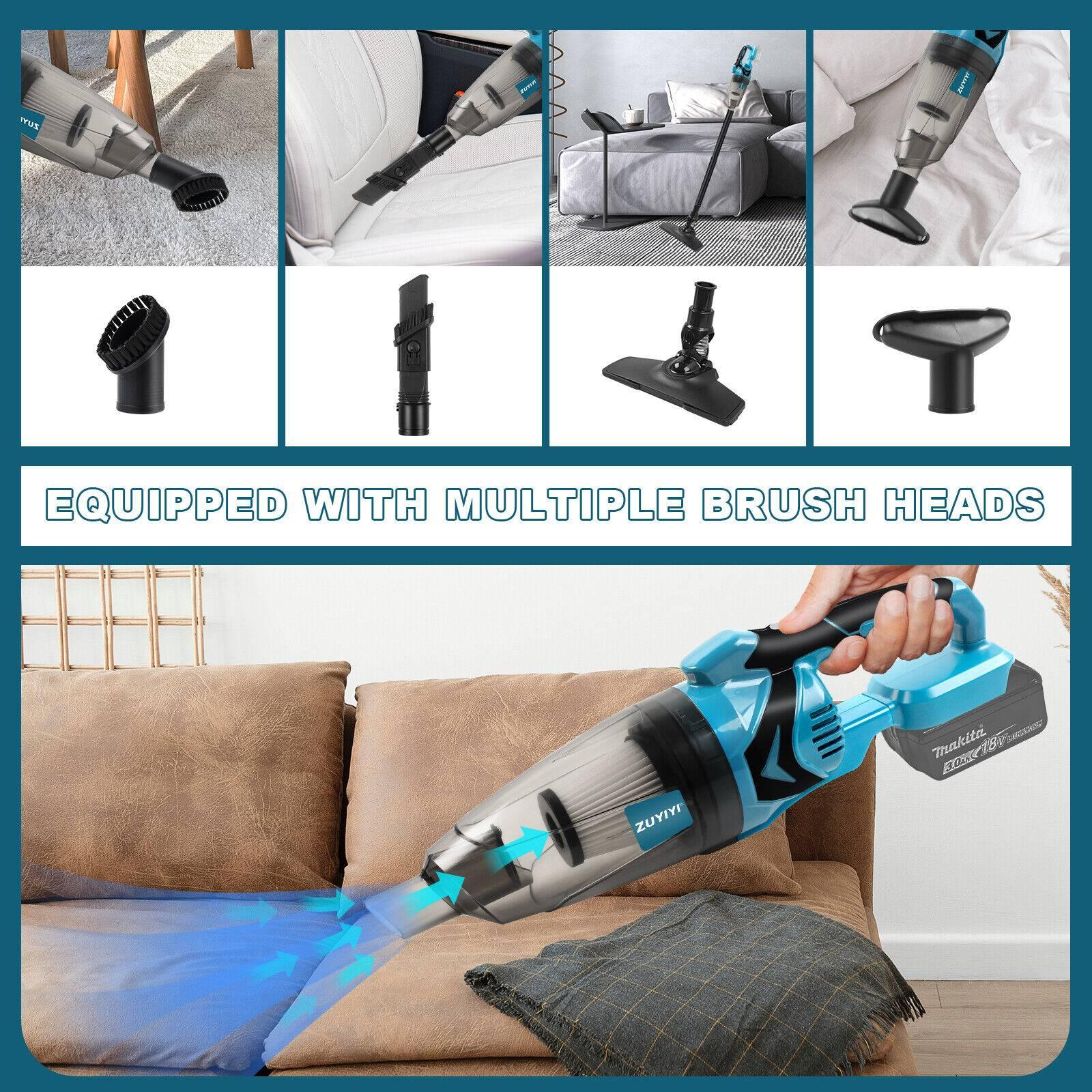 Mehrere Bürstenköpfe für einen blauen Staubsauger. Der Staubsauger wird auf einem braunen Sofa verwendet.