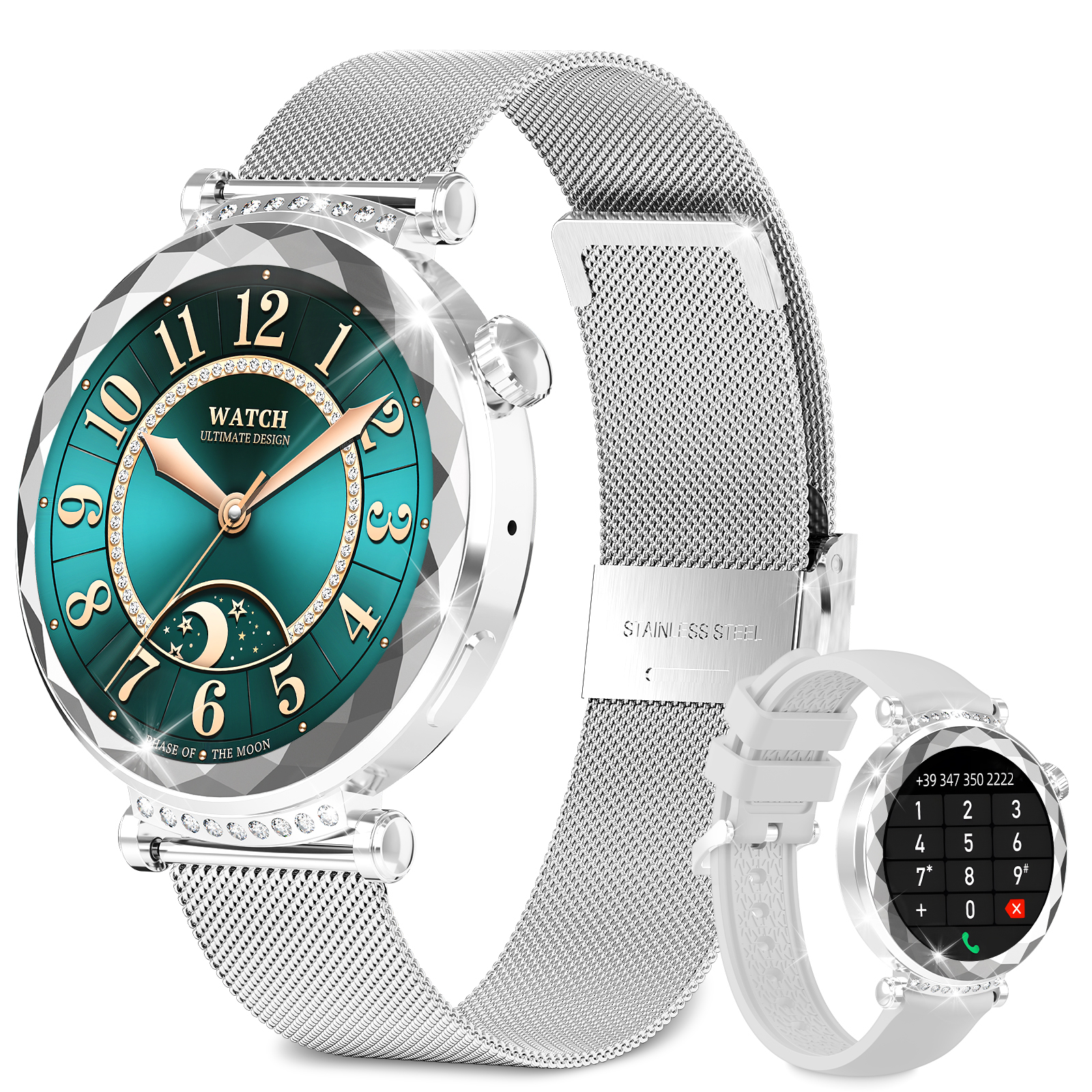 Silberne Smartwatch mit türkisfarbenem Zifferblatt, Mondphasen-Design. Weiße Uhr mit Telefonoberfläche.
